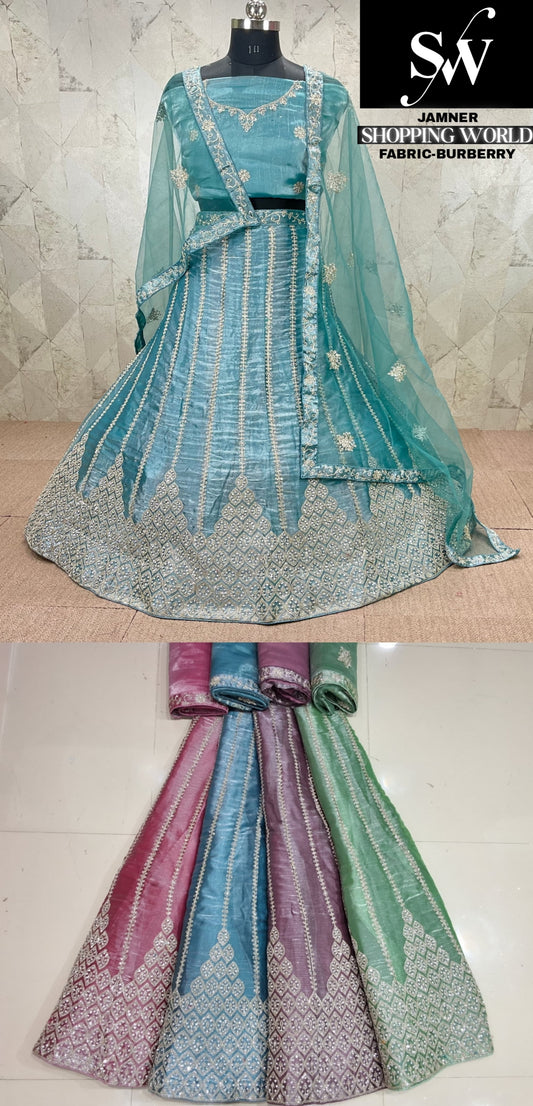 Sky blue Lehenga Burberry fabric