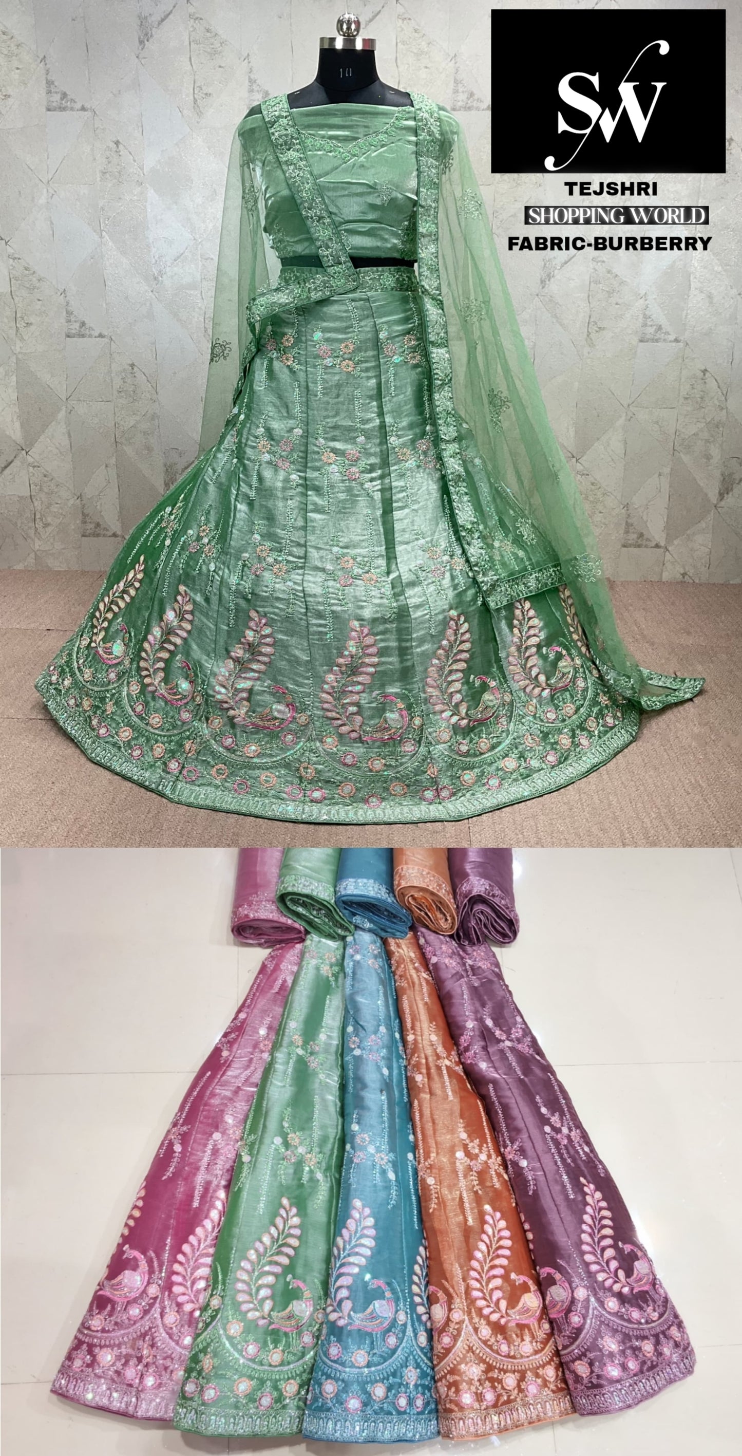 Green Lehenga Burberry fabric