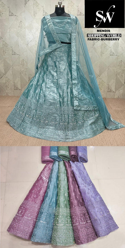 Sky blue Lehenga Burberry fabric