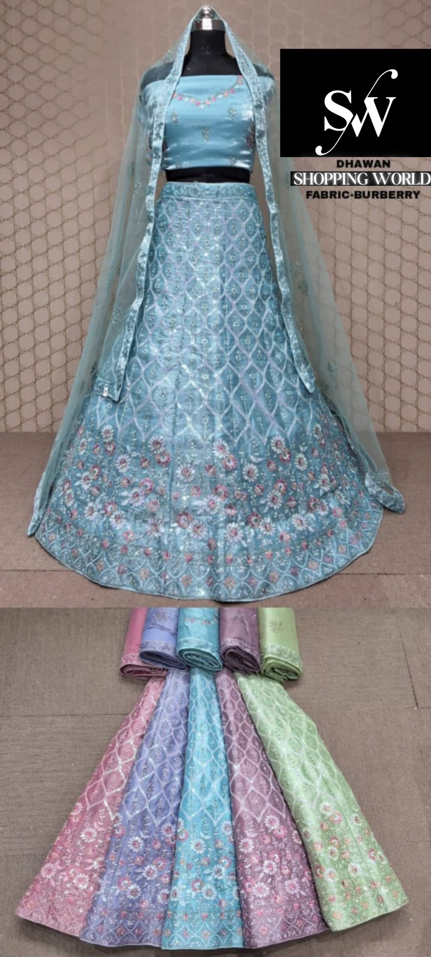 Sky blue Lehenga Burberry fabric