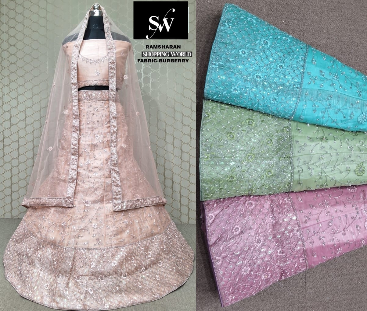 Peach Lehenga Burberry fabric