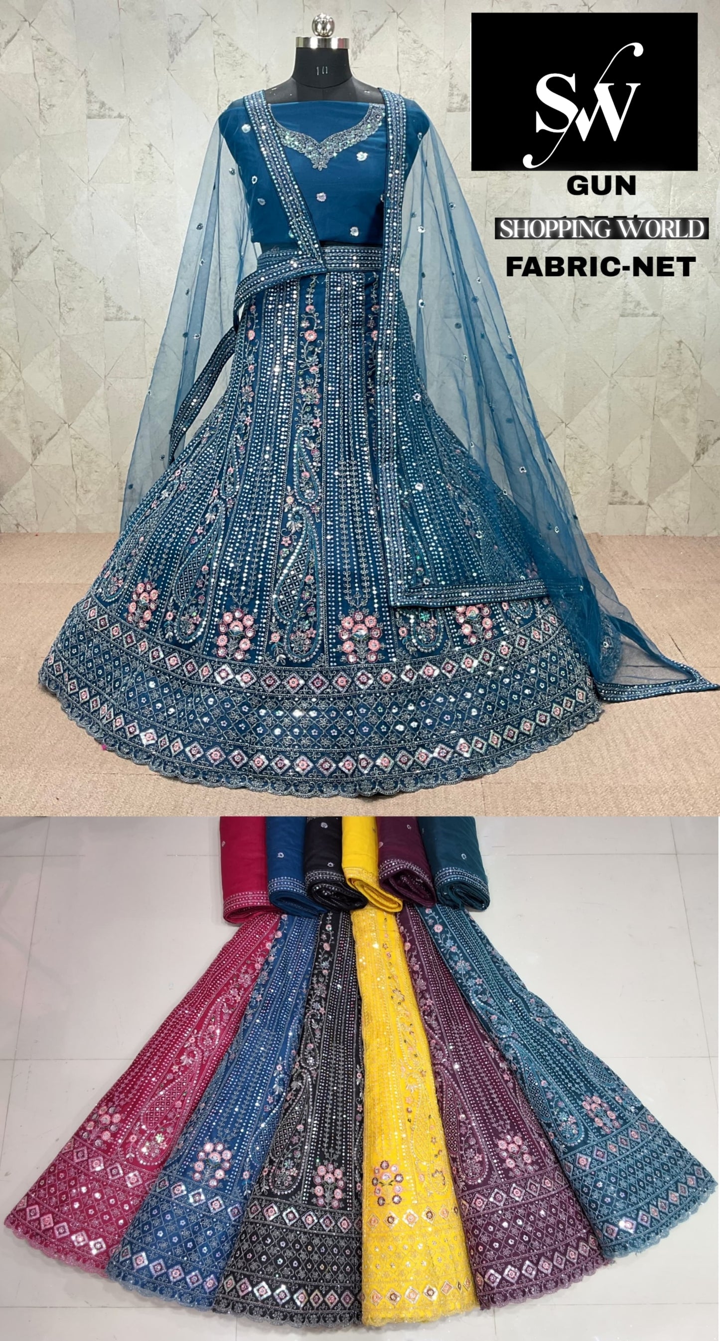 Sky blue Lehenga Net fabric