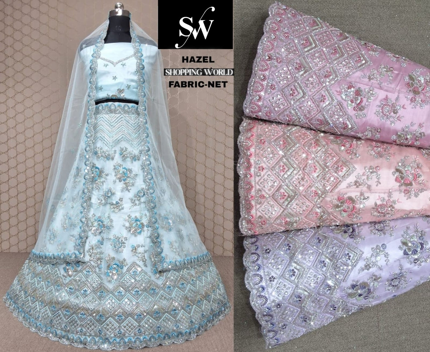 Sky blue Lehenga Net fabric