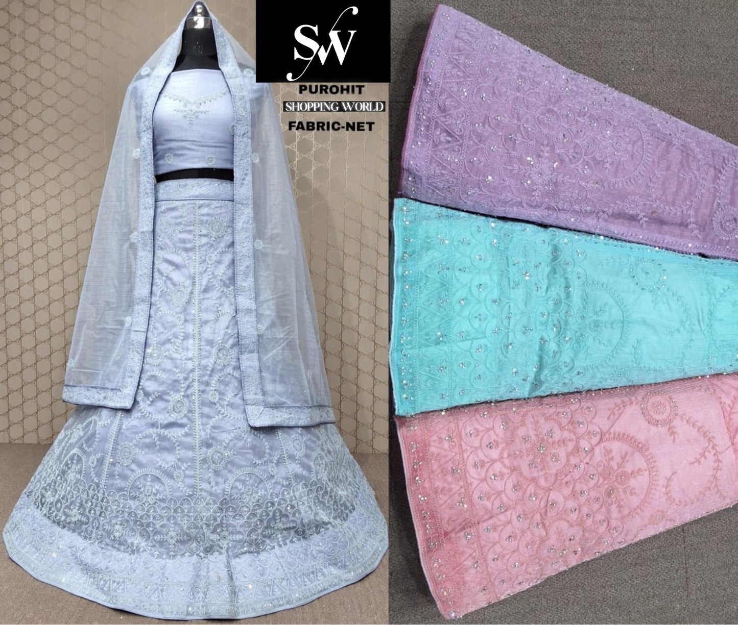 Lavender Sky blue Lehenga Net fabric