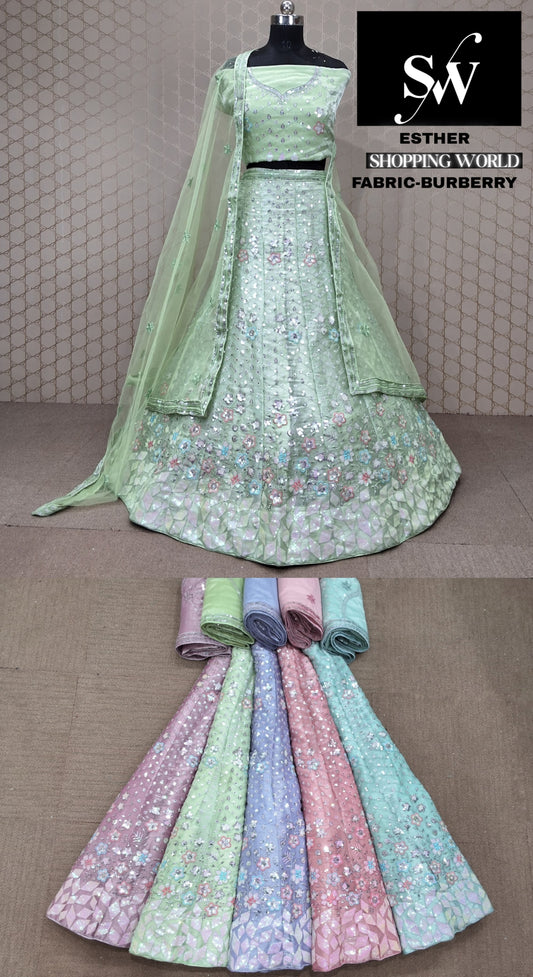 Green Lehenga Burberry fabric