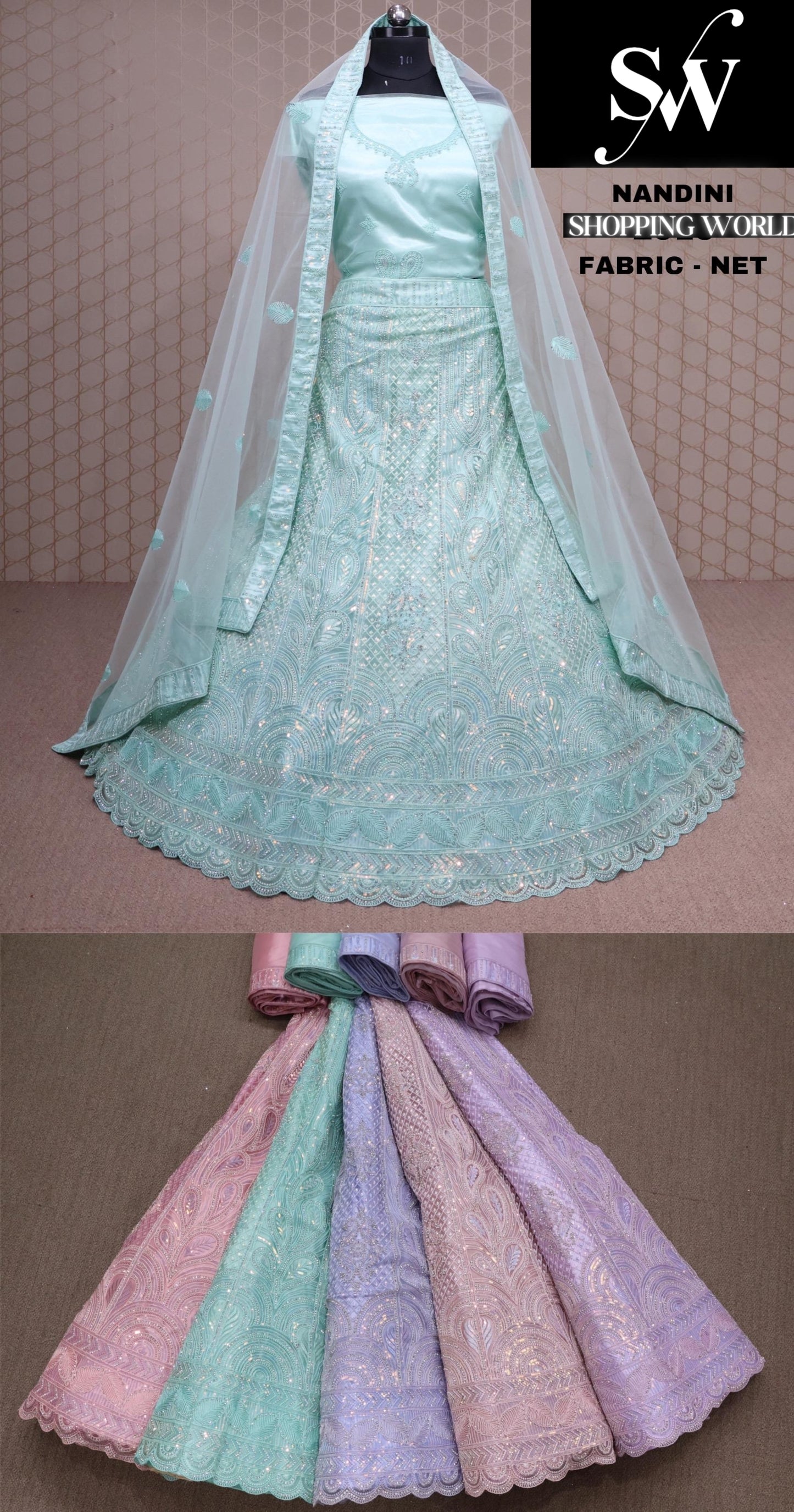 Sky blue Lehenga Net fabric