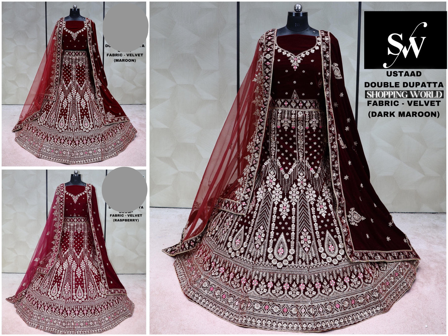 Maroon embroidered lehenga with red dupatta on a gray background