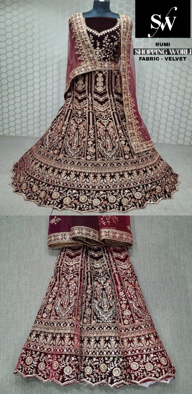 Maroon Bridal cutwork Lehenga Velvet Fabric