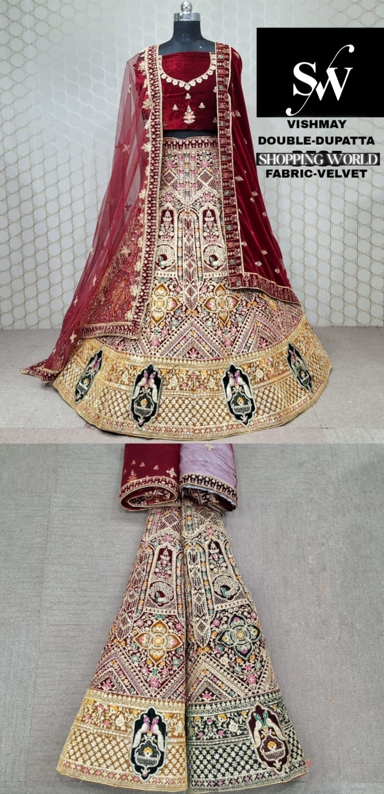 Maroon Double duptta Bridal Lehenga Velvet Fabric