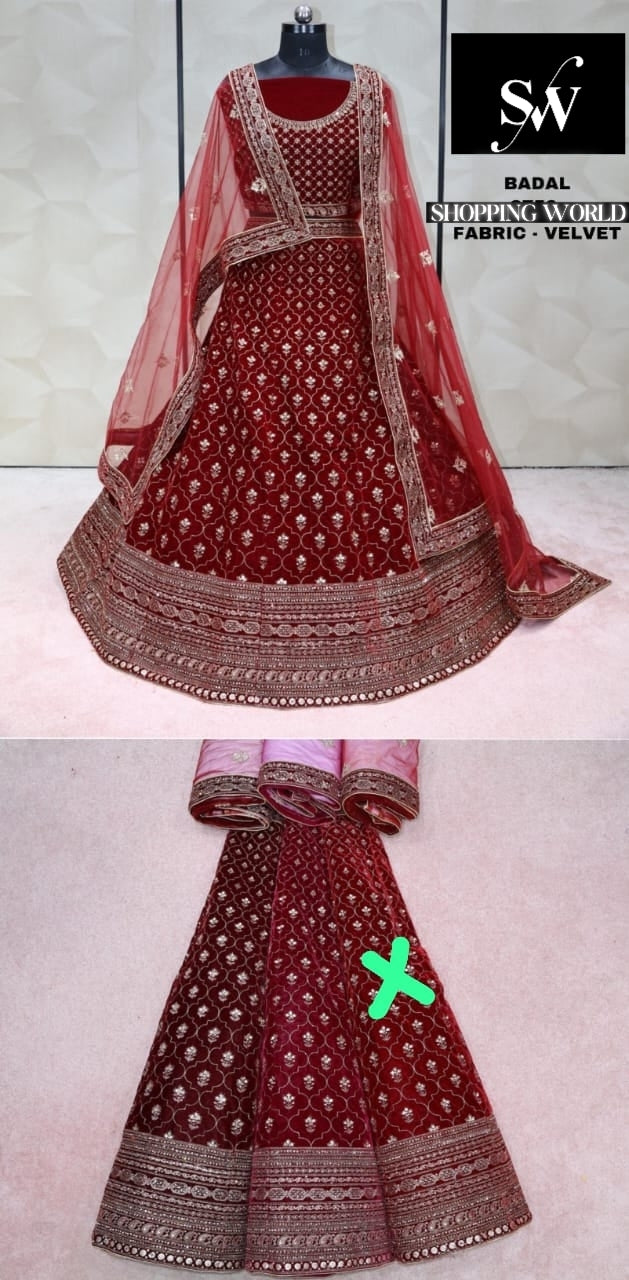 Red Bridal Lehenga Velvet Fabric