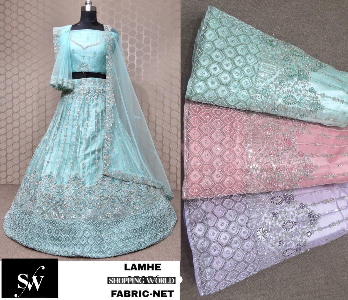 Sky blue Lehenga Net fabric
