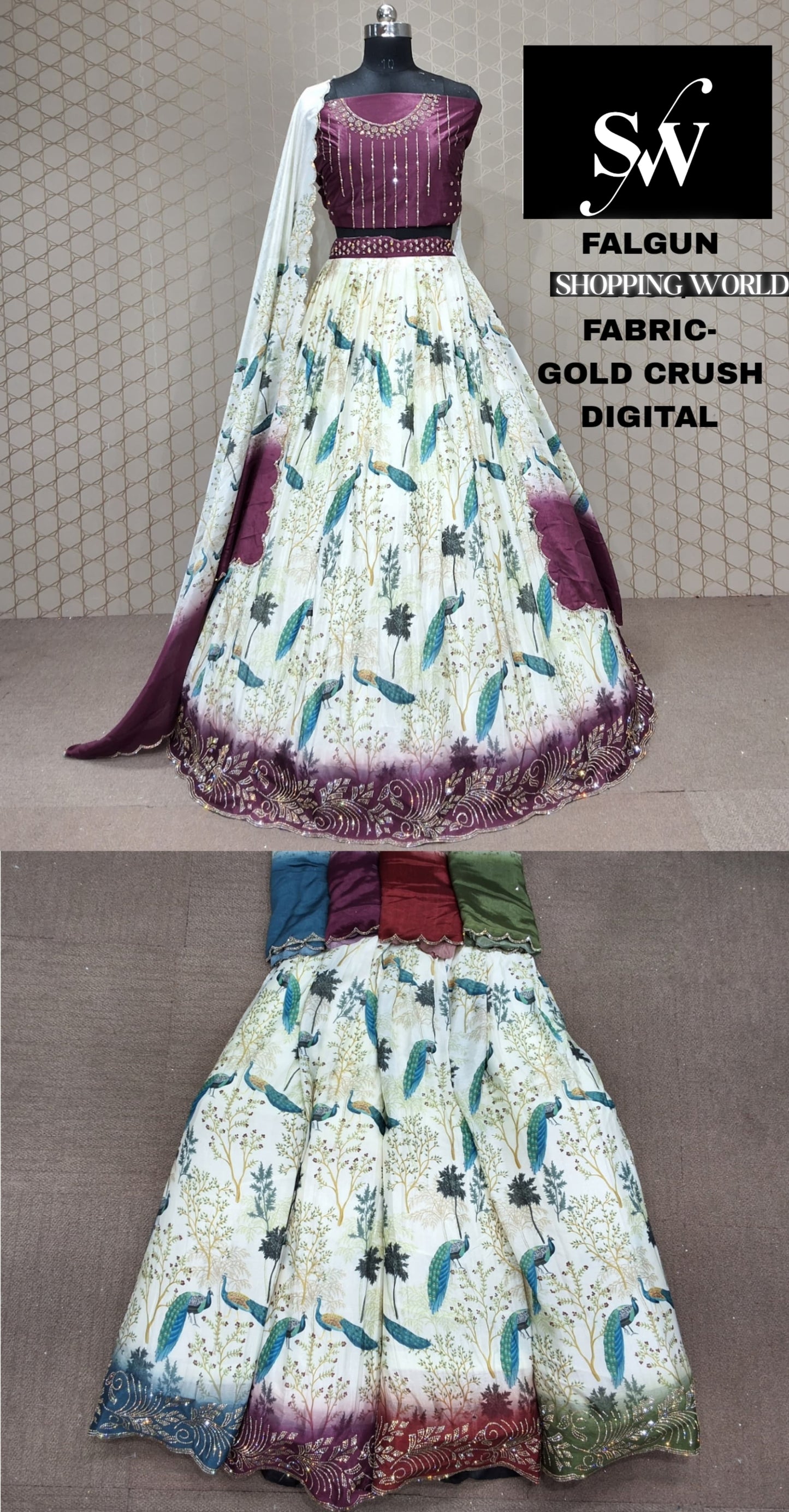 Green Lehenga Gold crush digital fabric