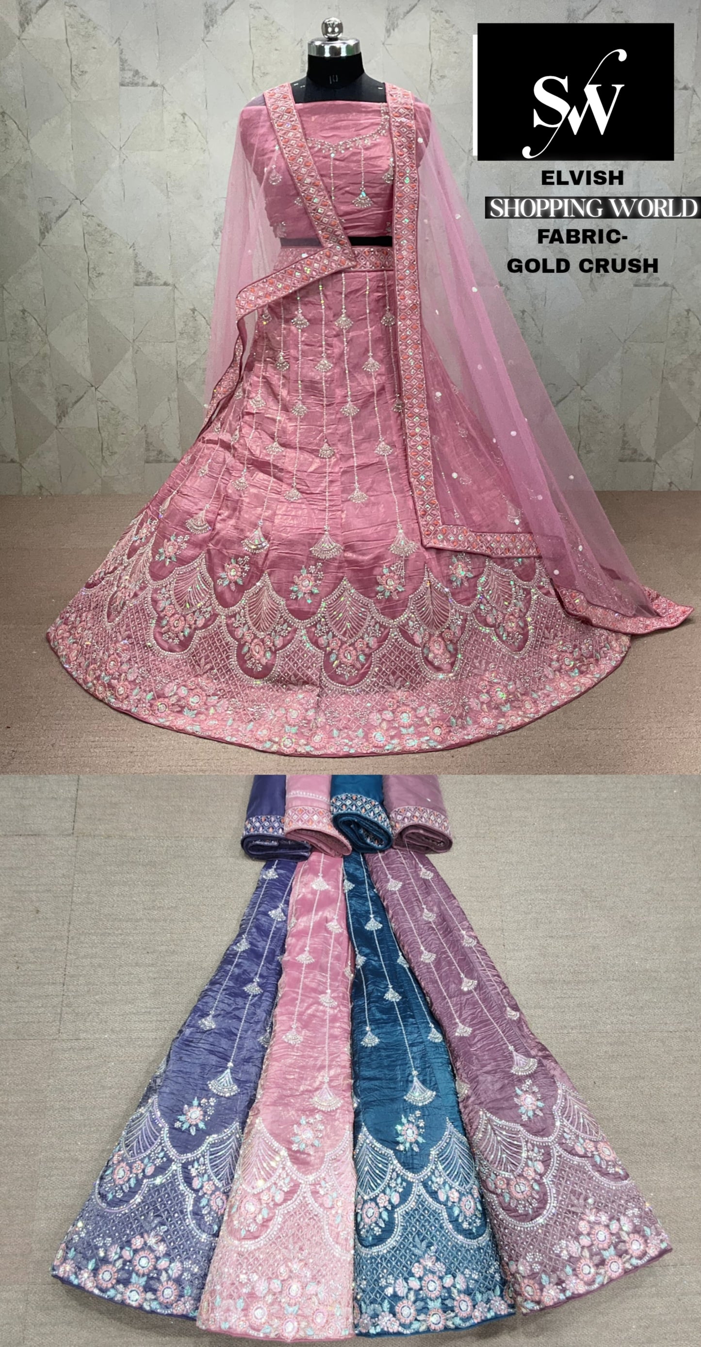 Pink Lehenga gold crush fabric