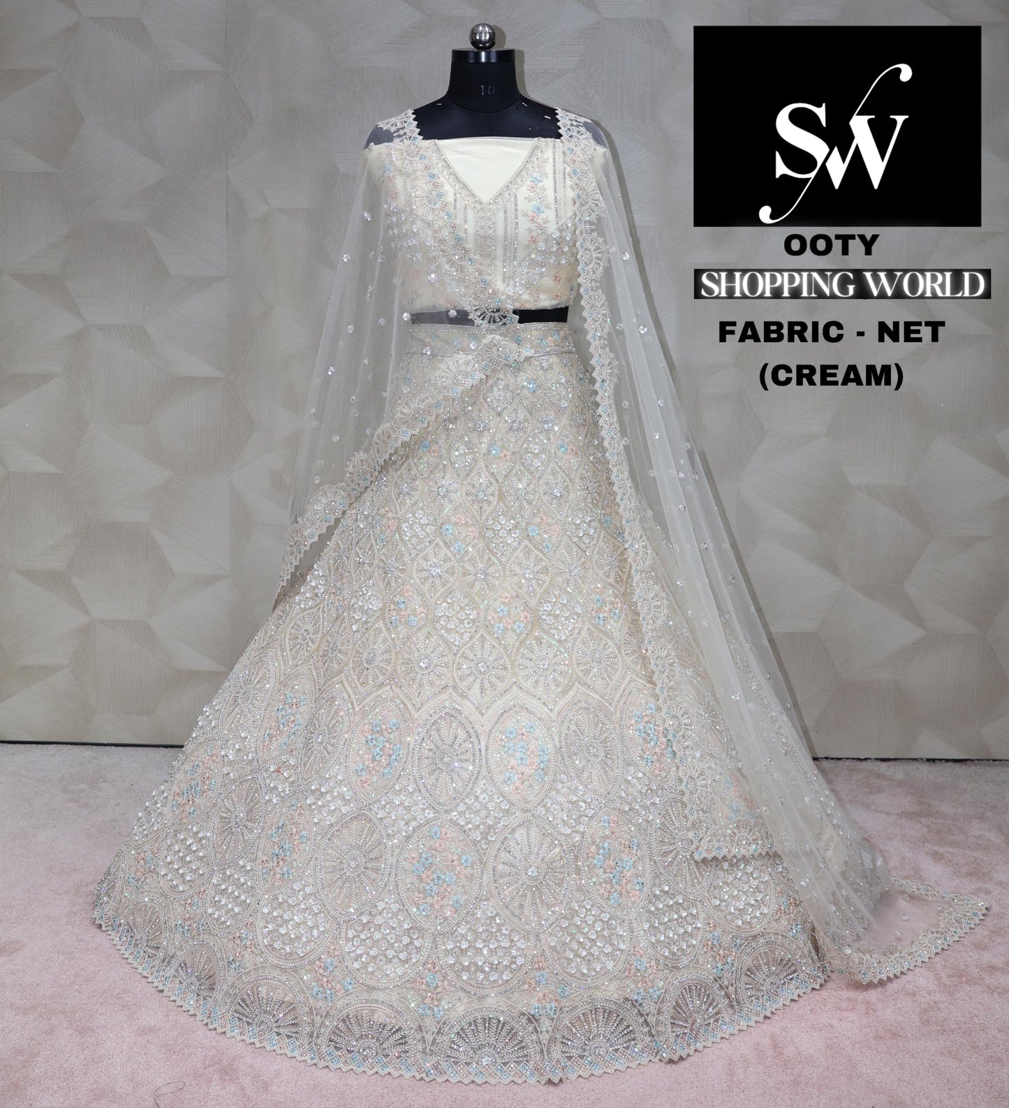 Cream white Lehenga Net Fabric