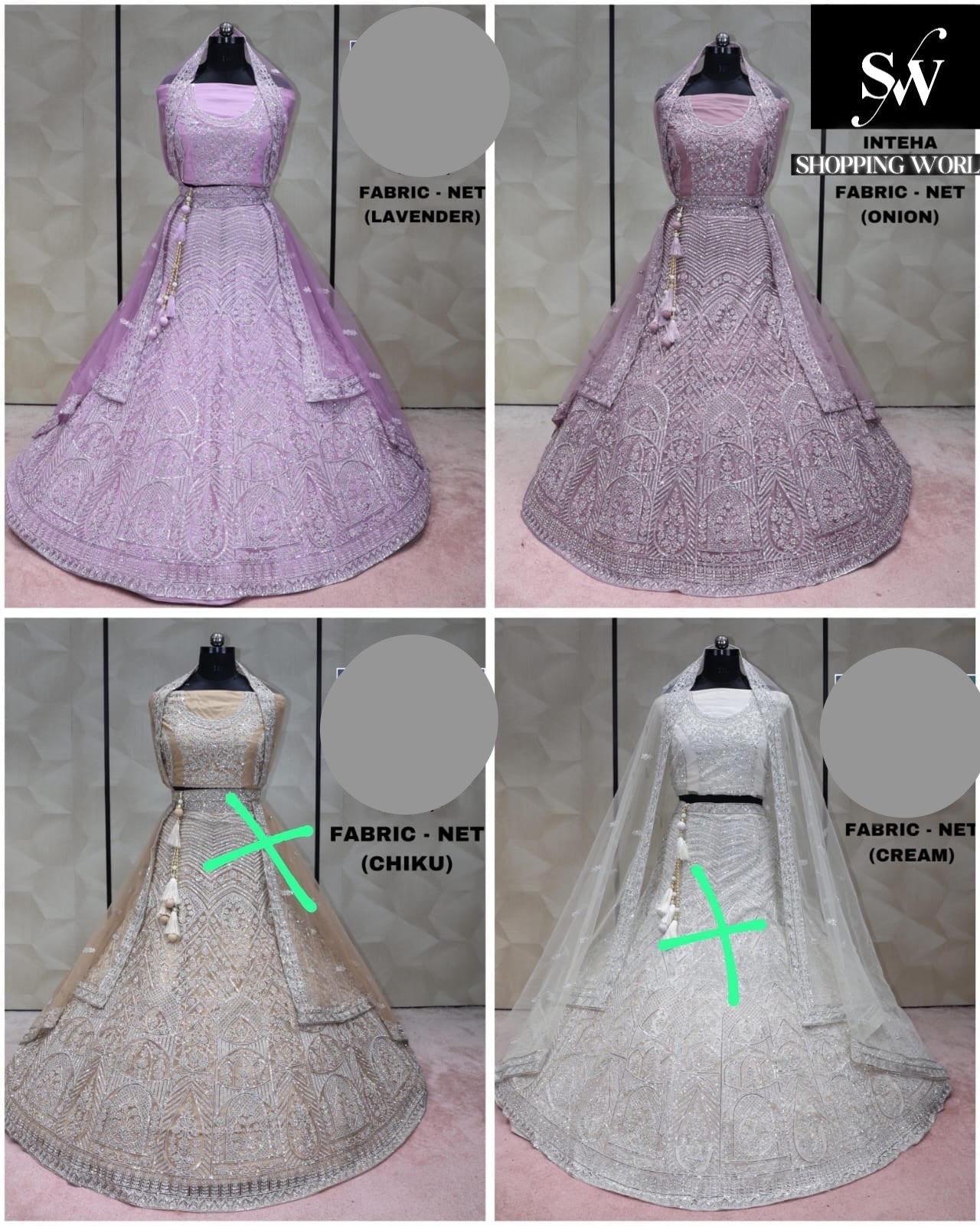 Collage of a lavender and cream embroidered lehenga with fabric options