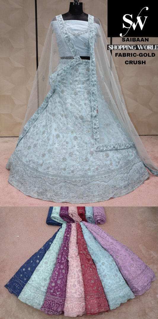 Sky blue Lehenga gold crush fabric