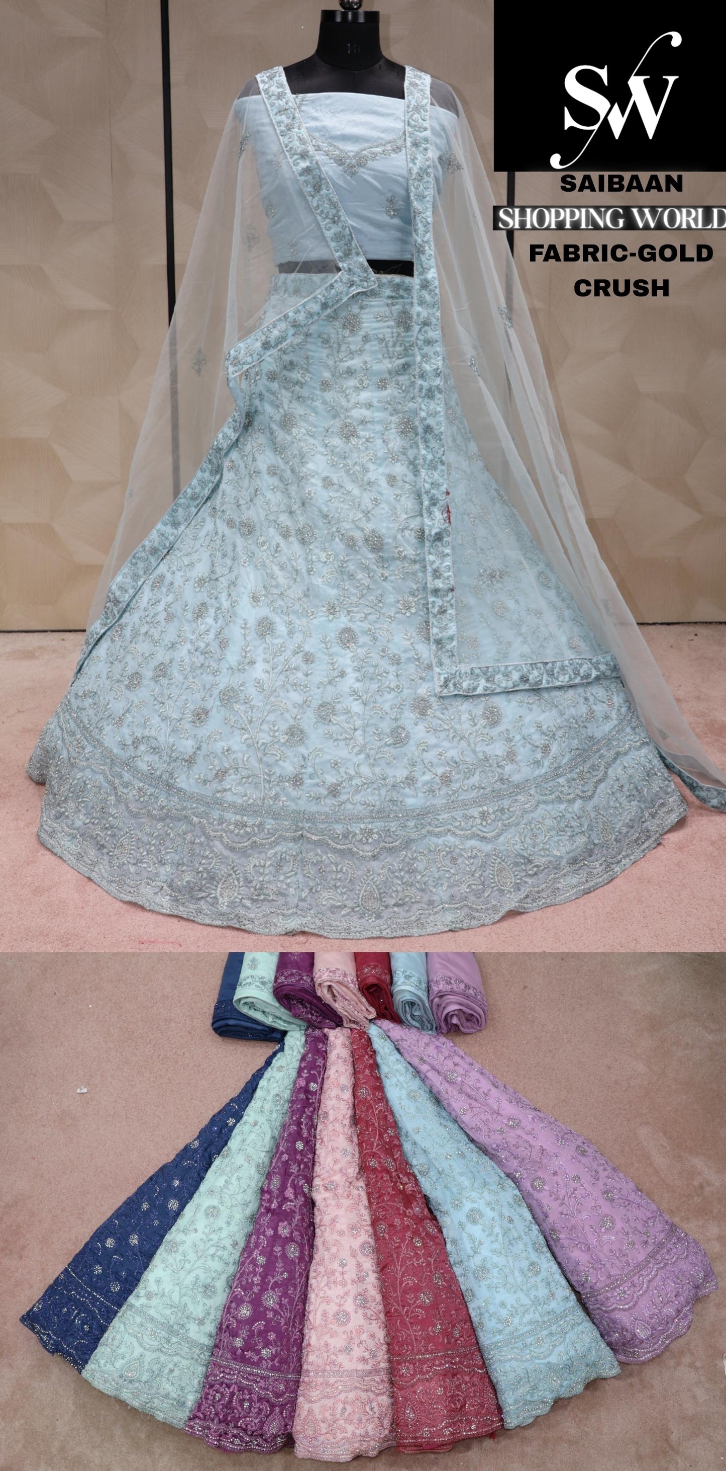 Sky blue Lehenga gold crush fabric