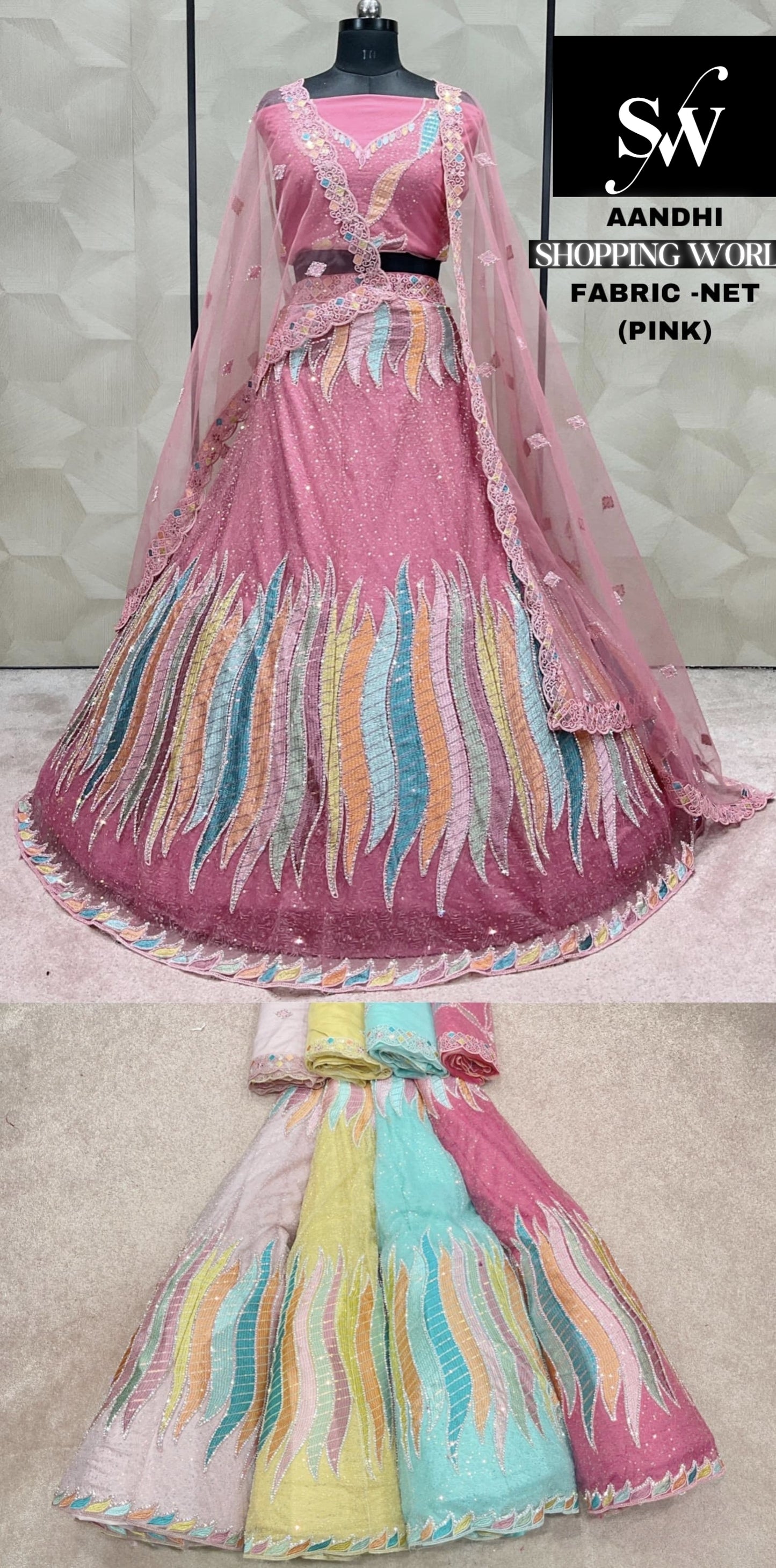 Tela de red Lehenga rosa