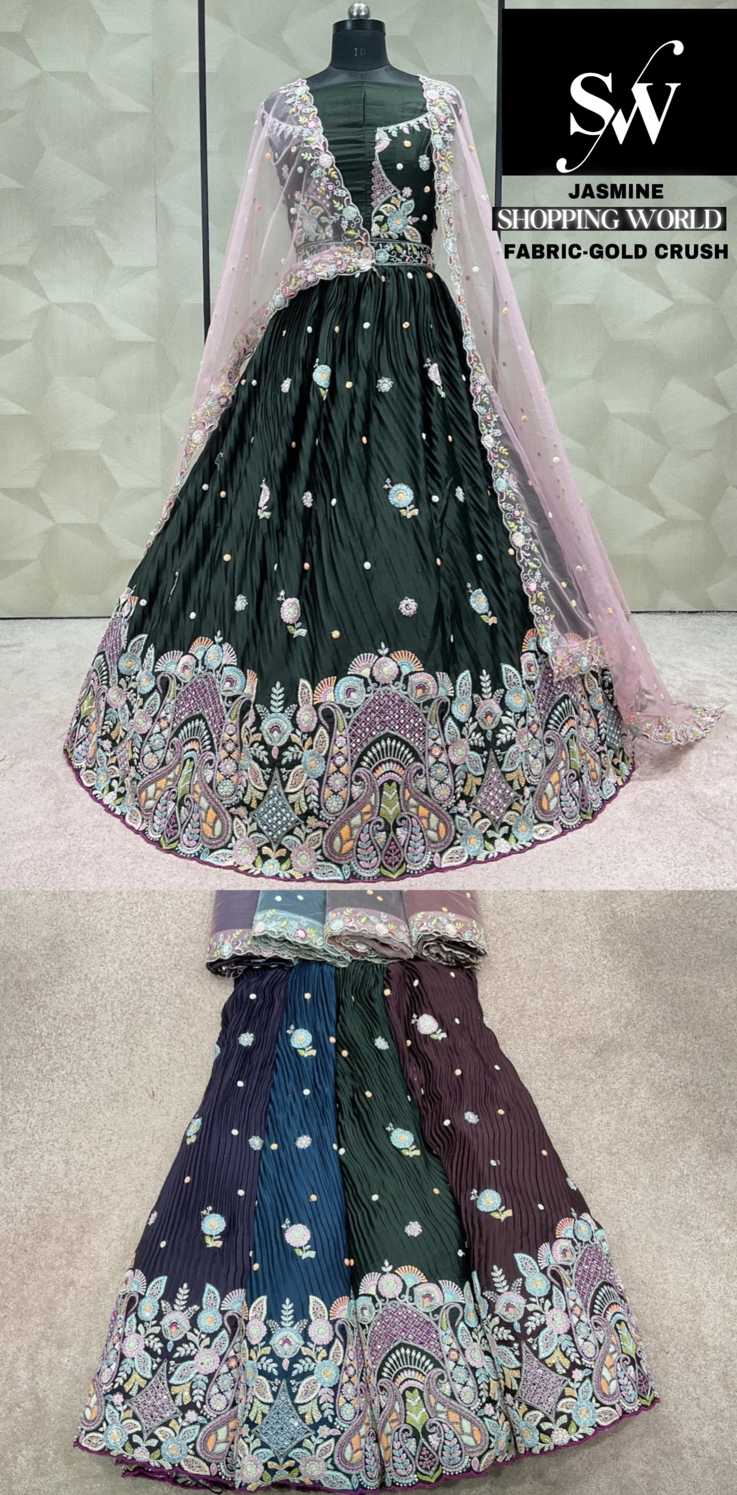 Dark green Lehenga gold crush fabric