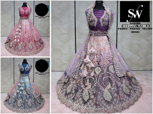 Multi purple pink Lehenga velvet Fabric