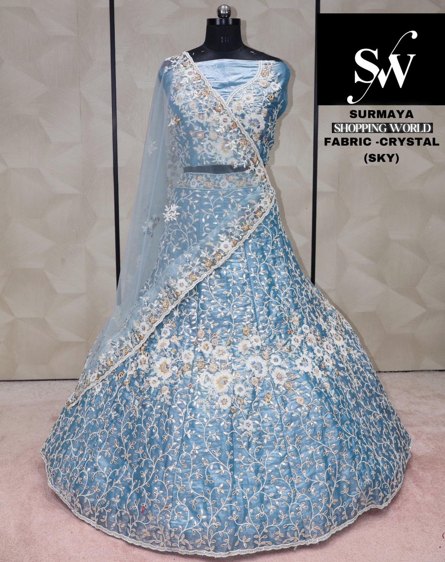 Sky blue Lehenga crystal Fabric
