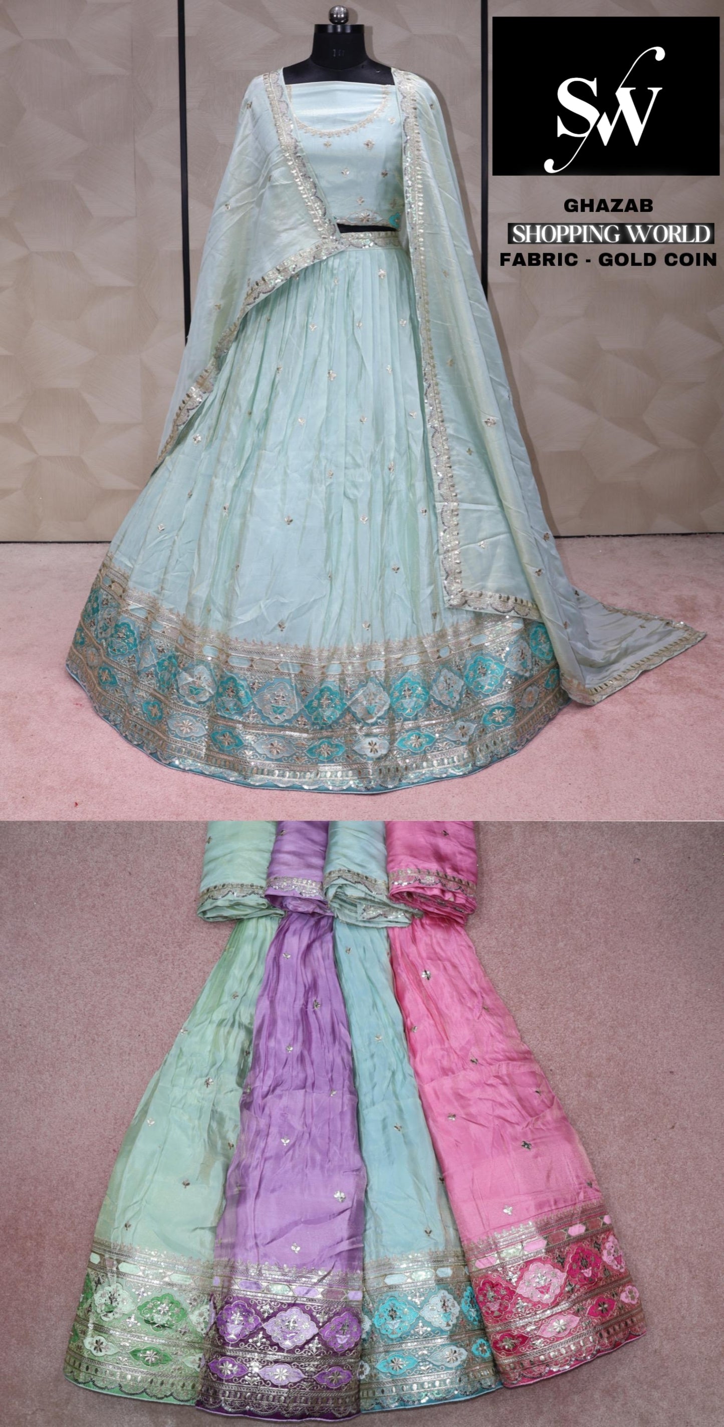 Blue Lehenga gold coin Fabric