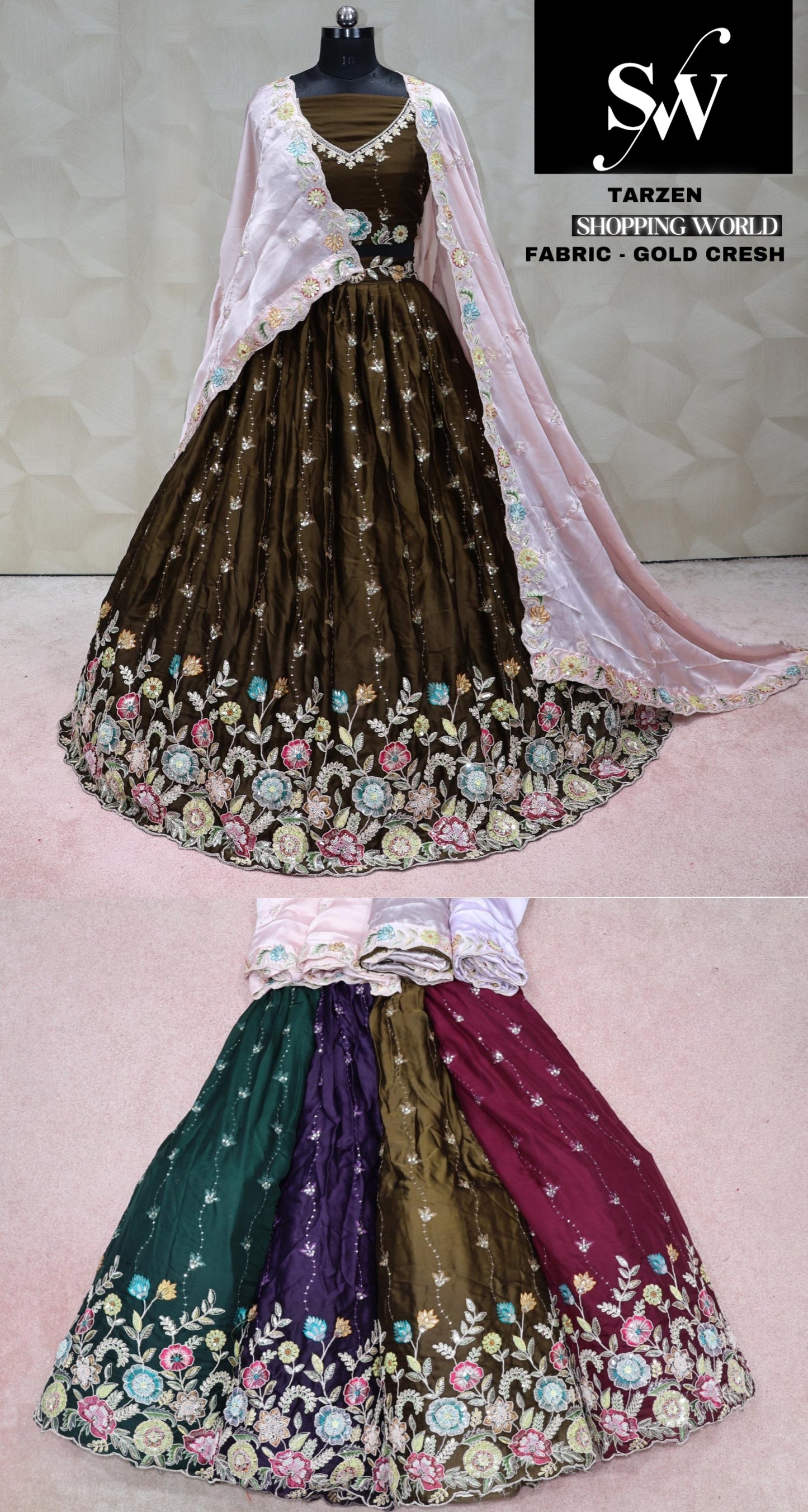 Dark Mustard Lehenga gold crush Fabric