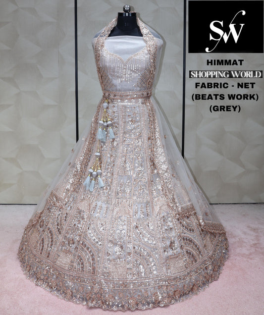 Baby pink Grey Lehenga Net Fabric