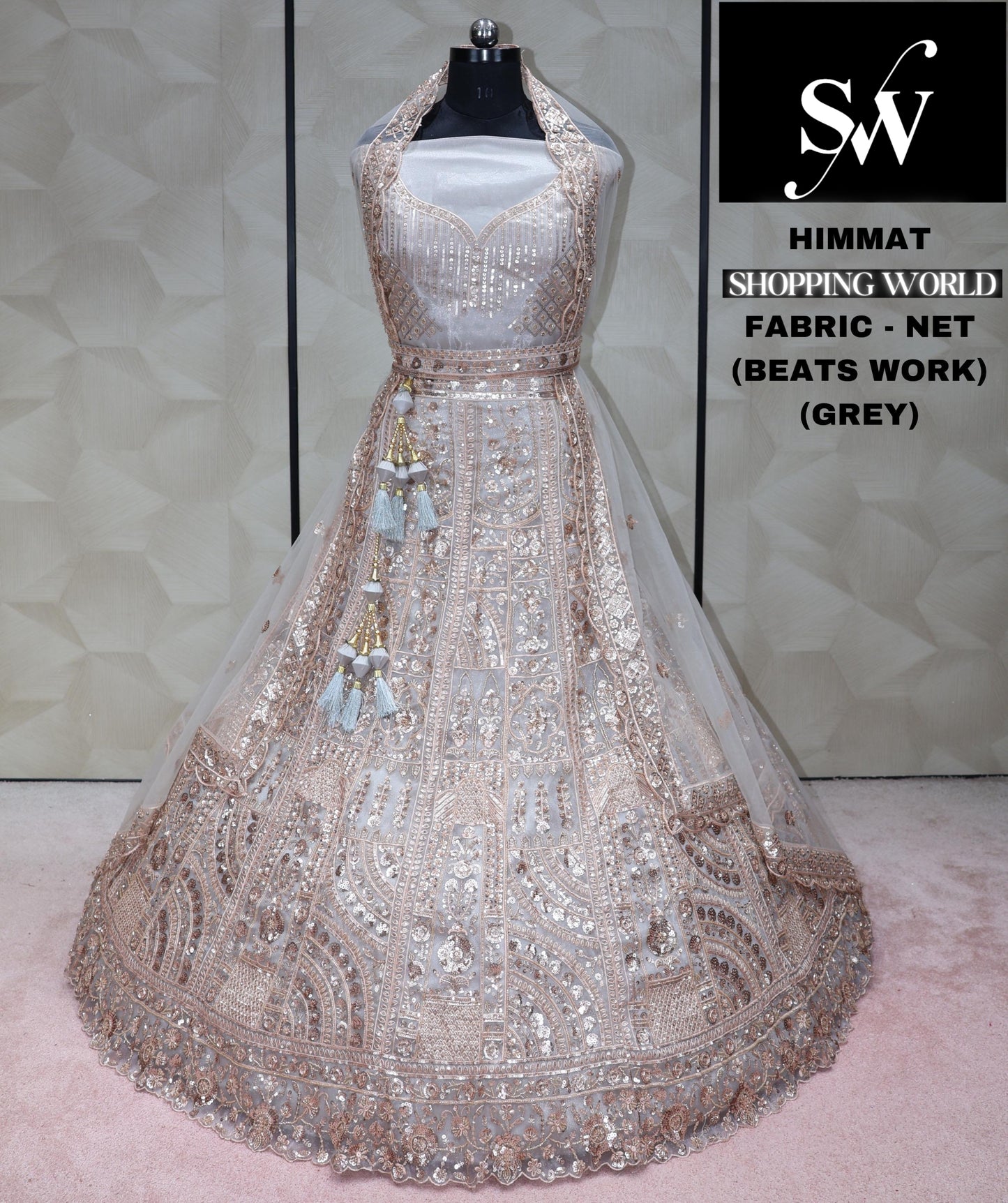 Baby pink Grey Lehenga Net Fabric