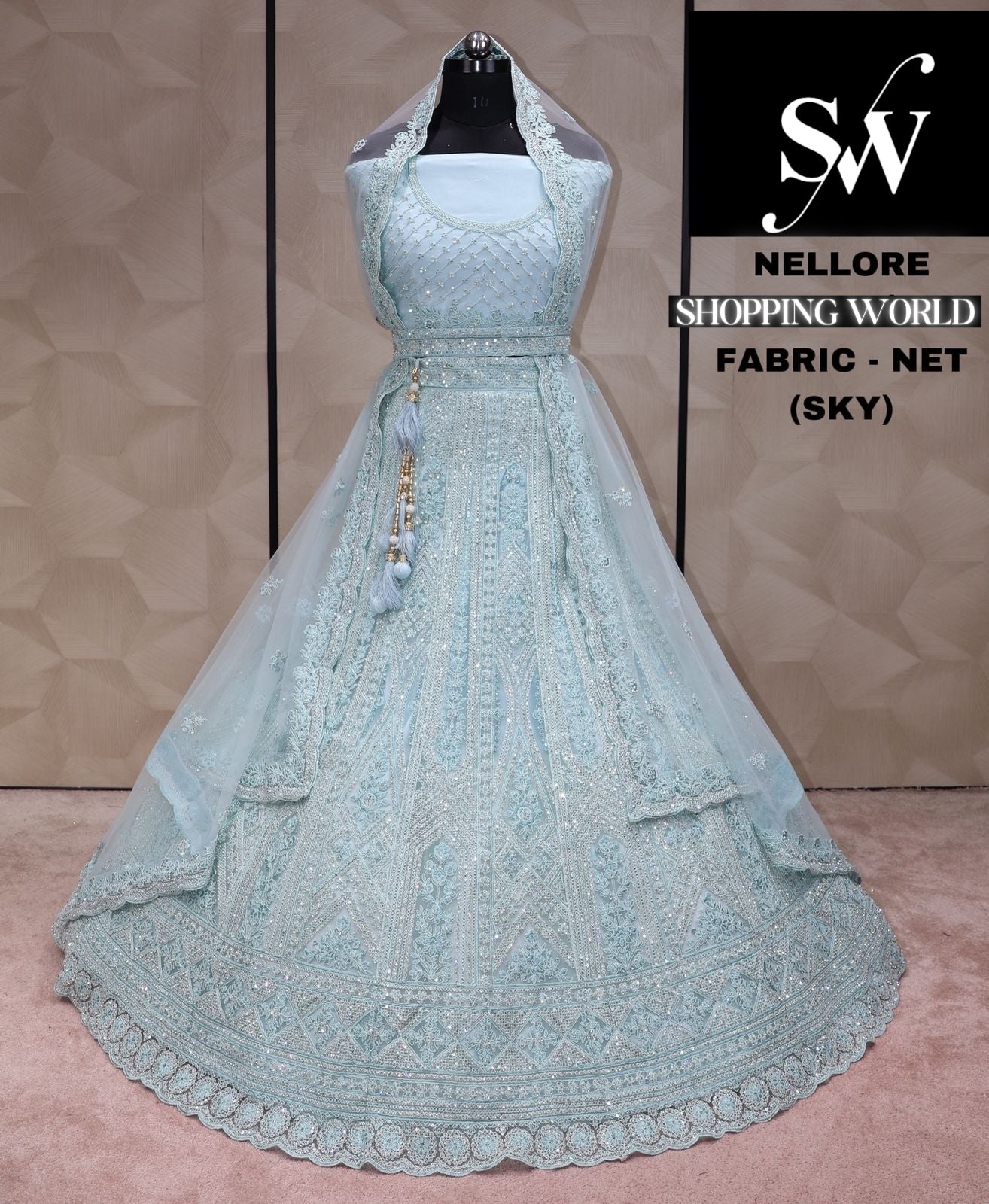 Sky blue Lehenga Net Fabric