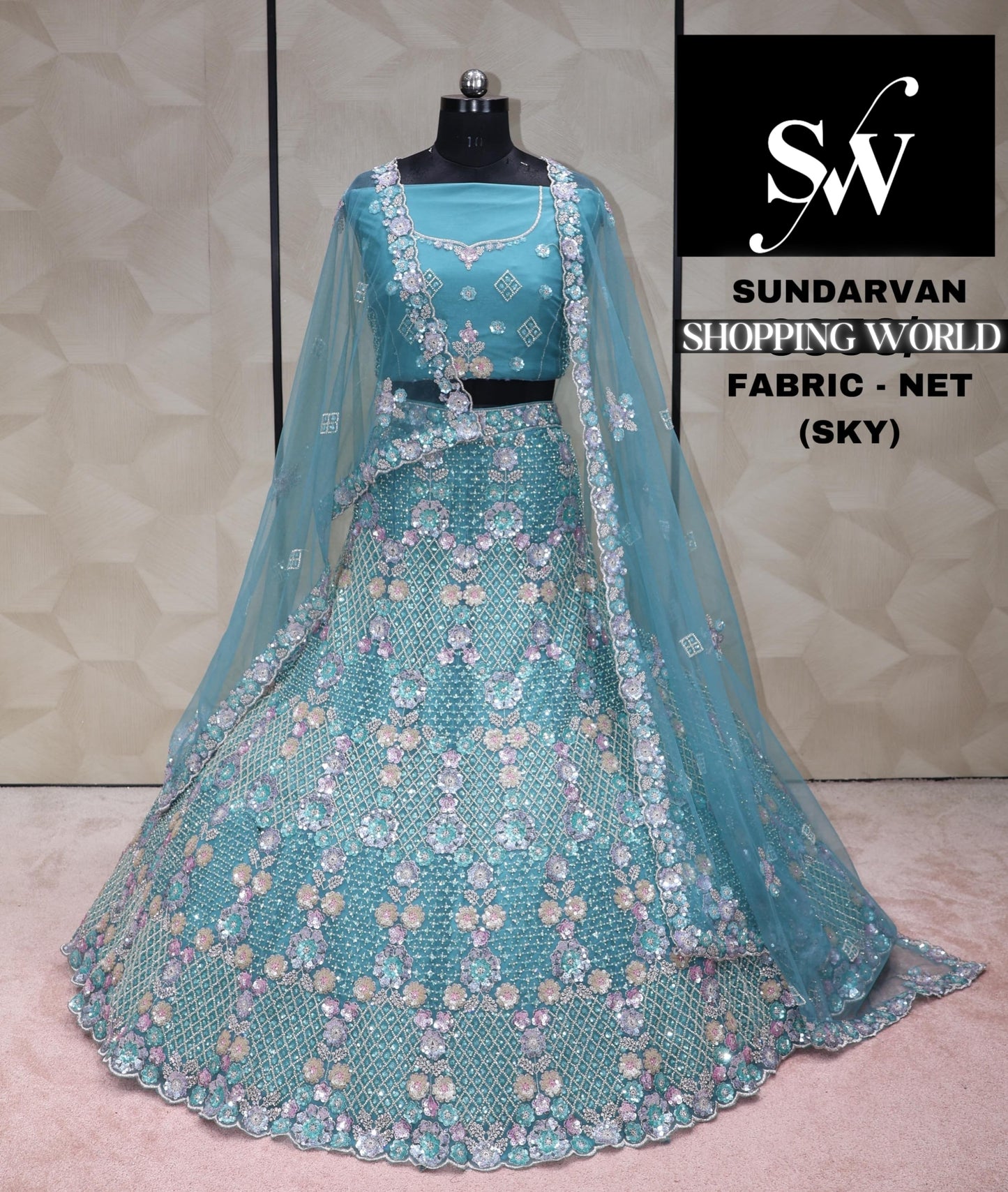 Sky blue Lehenga Net Fabric