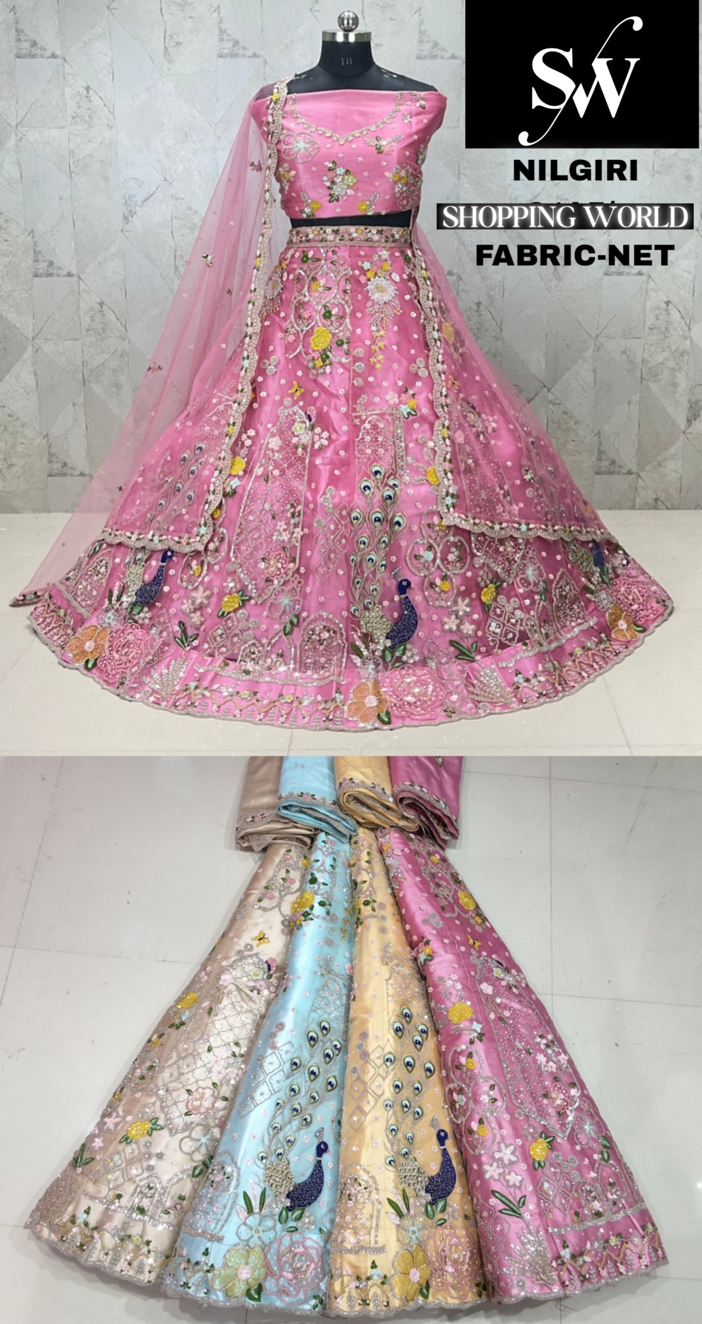 Tela de red Lehenga rosa