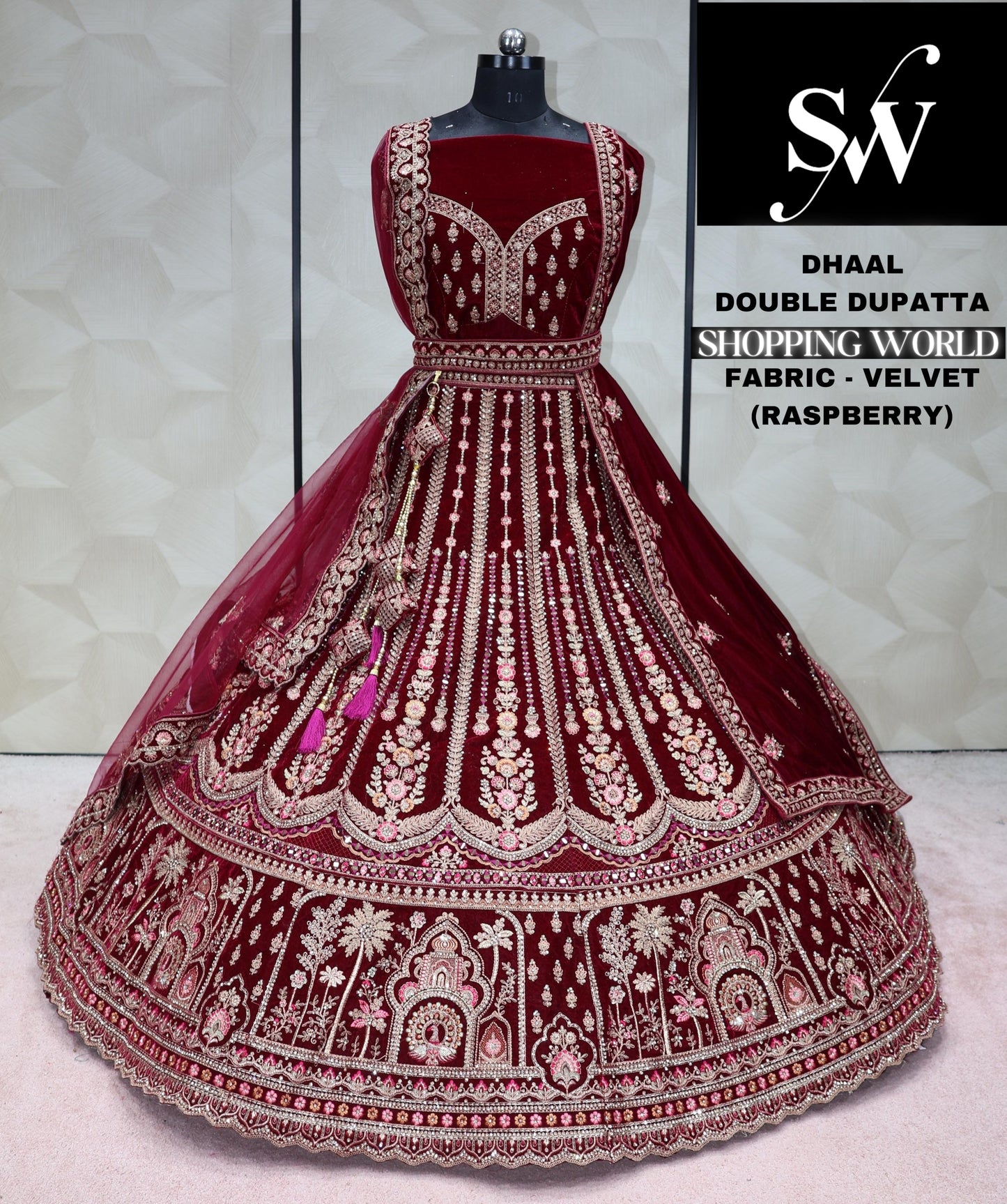 Raspberry Pink Lehenga velvet fabric