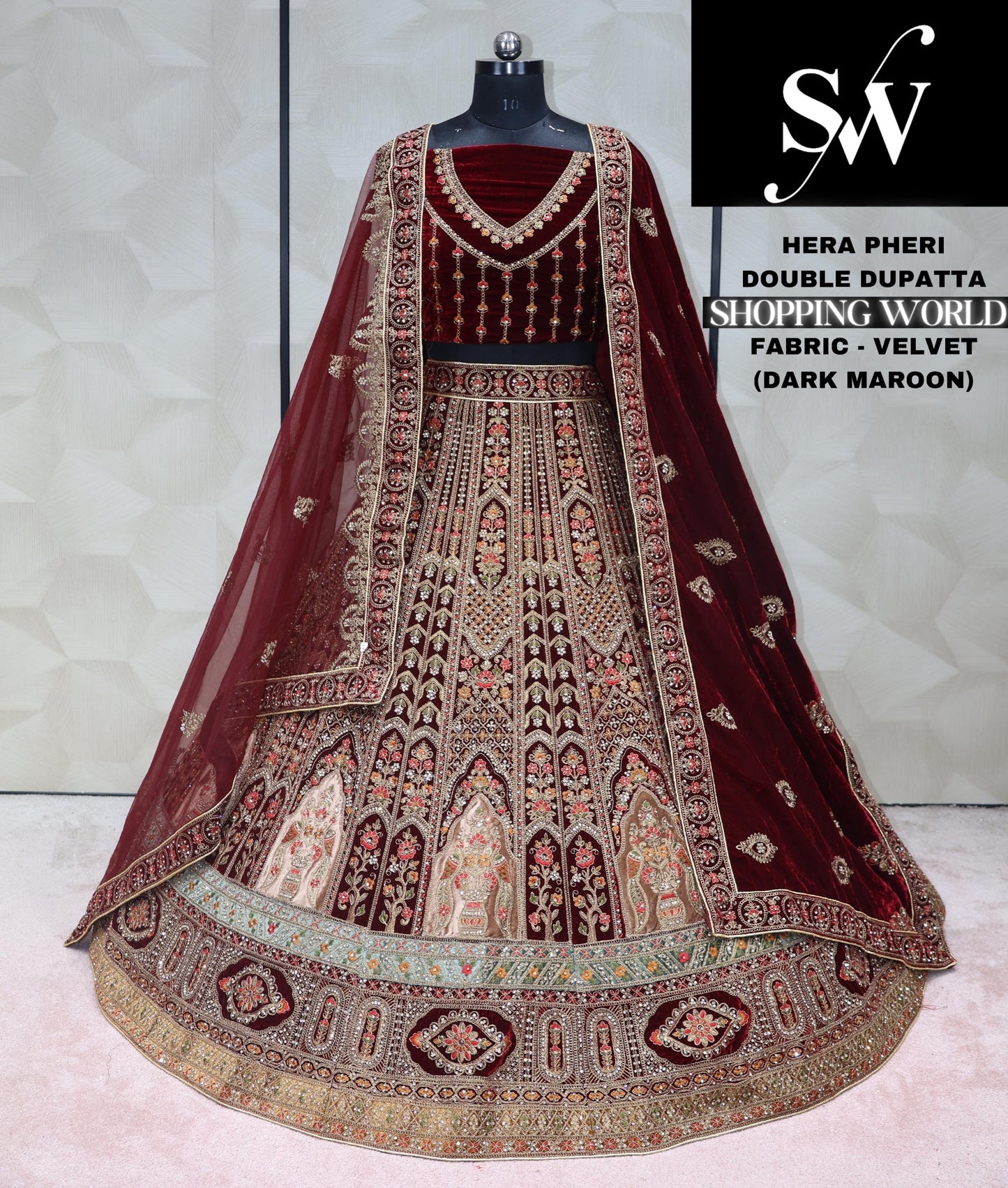Dark maroon Lehenga velvet fabric