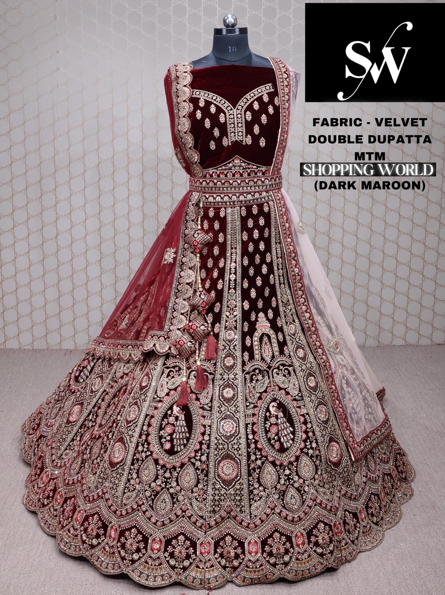 Dark maroon Lehenga Velvet fabric