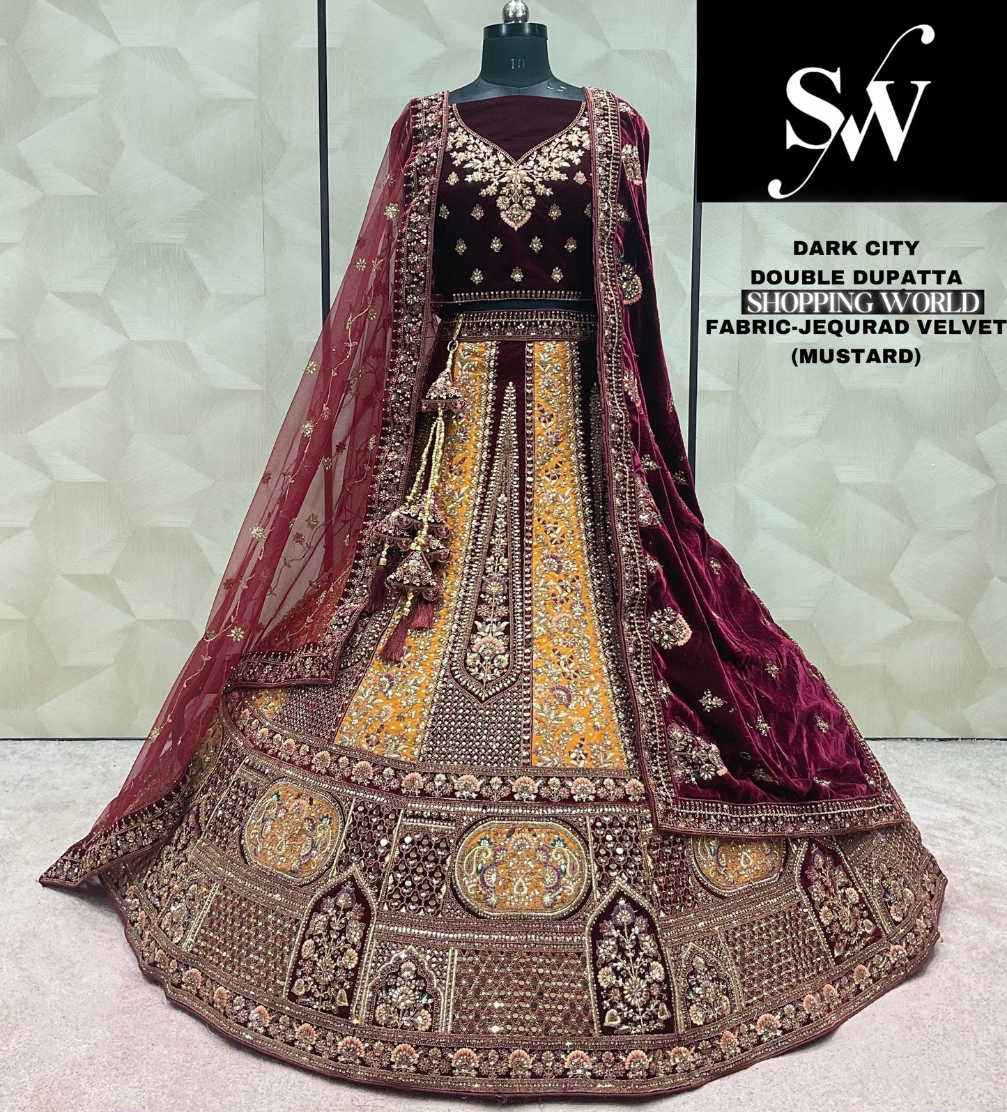 Mustard Lehenga Jequard Velvet fabric