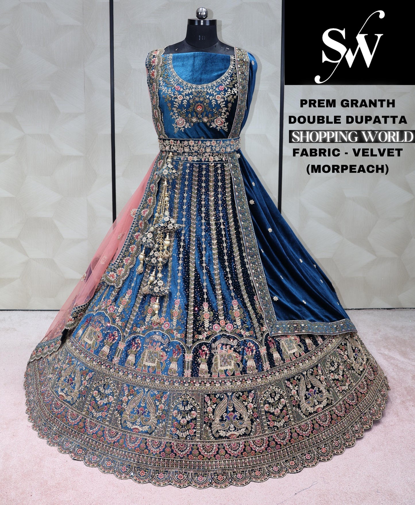 Morpeach Blue doli barat Lehenga Velvet fabric