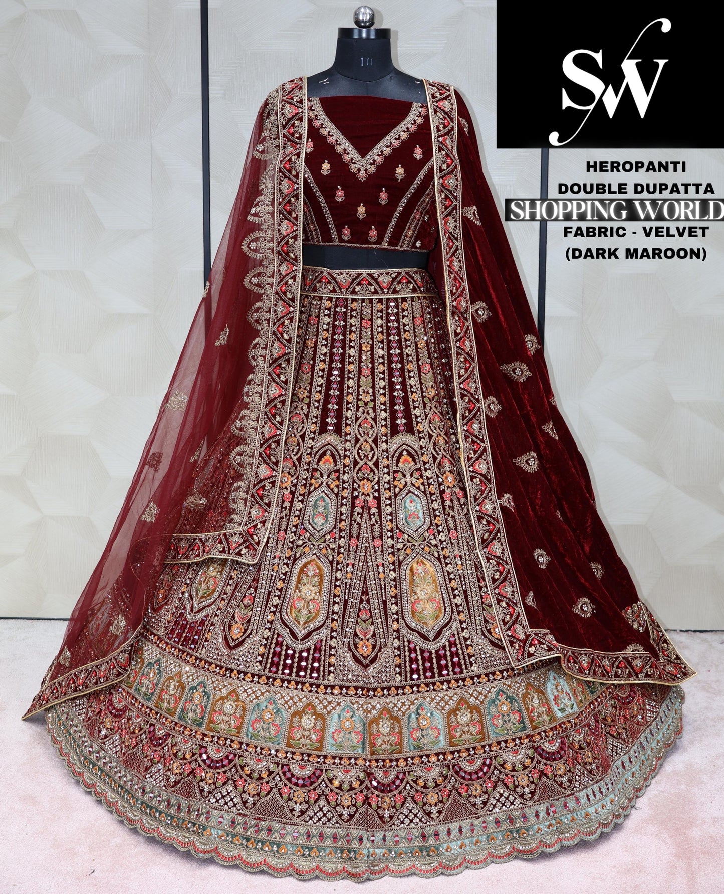 Rani Pink maroon Lehenga Velvet fabric