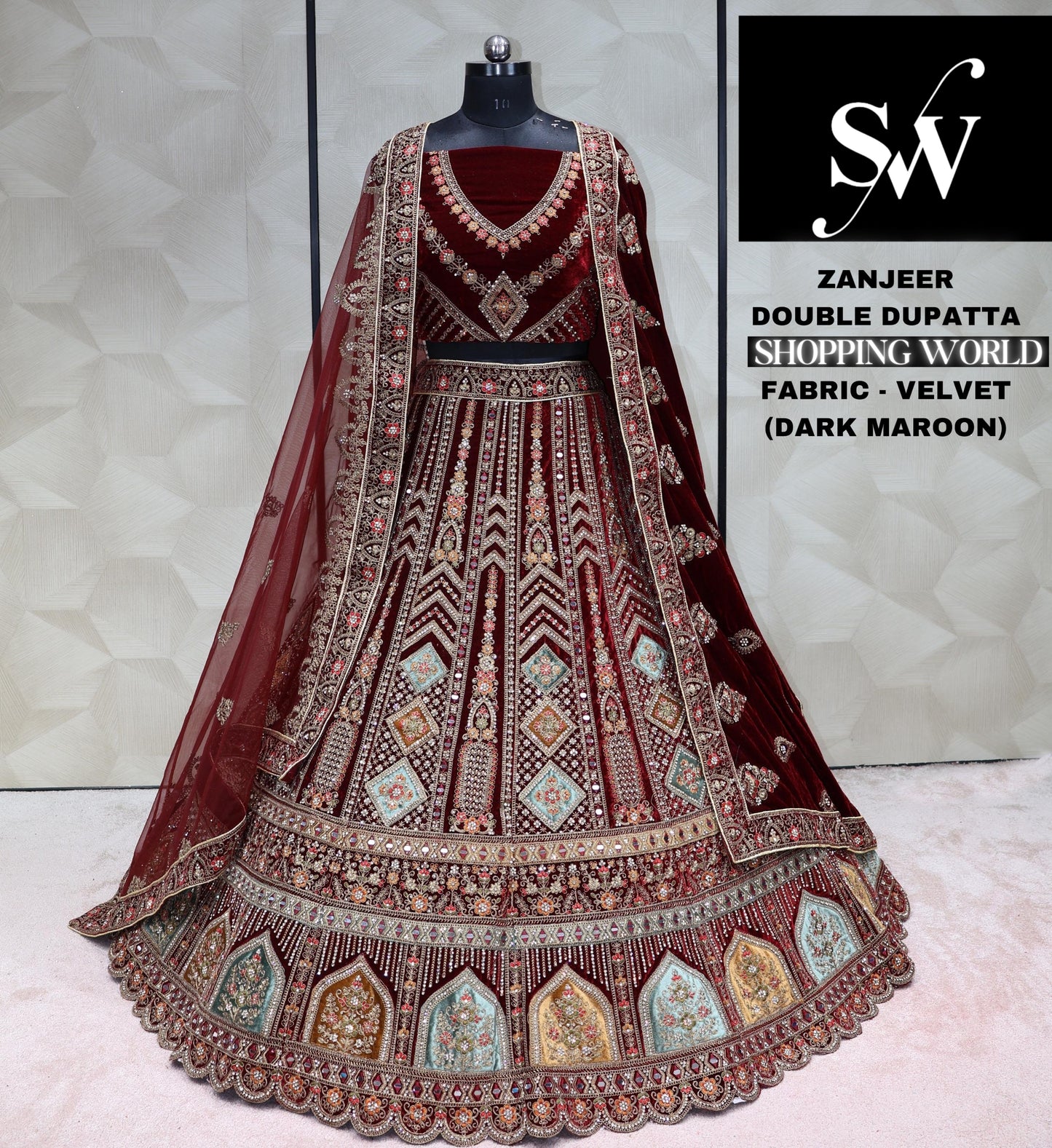 Dark maroon Lehenga Velvet fabric