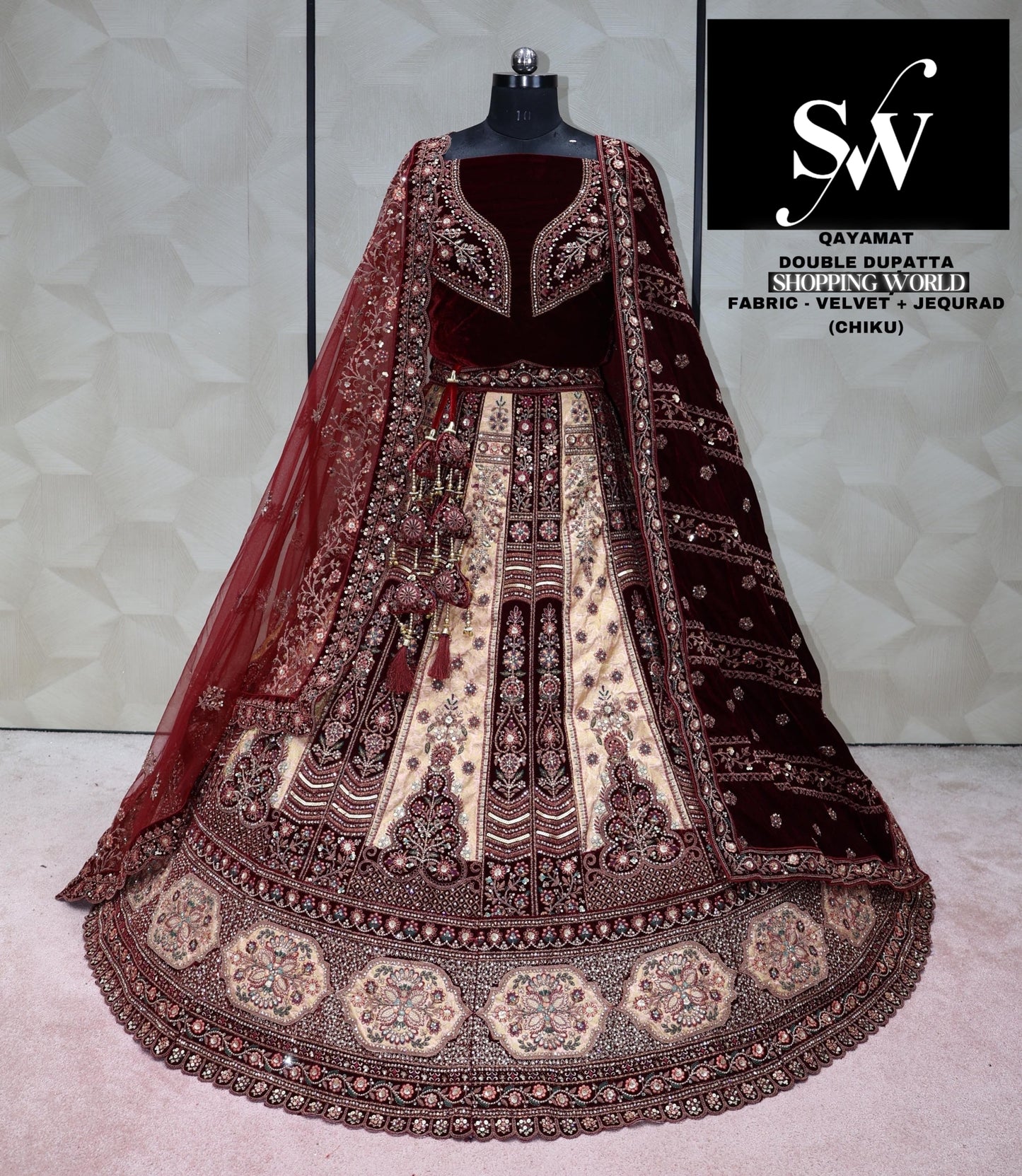 Chiku Maroon Lehenga velvet fabric
