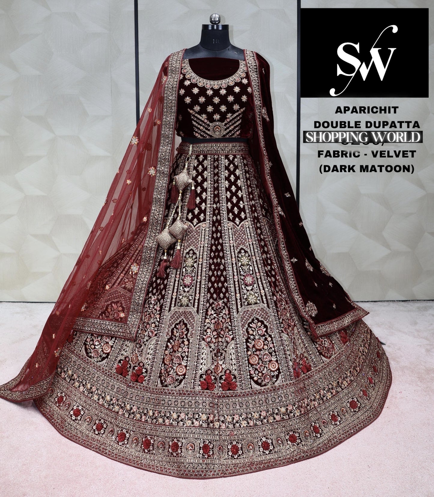 Dark Maroon Lehenga velvet fabric