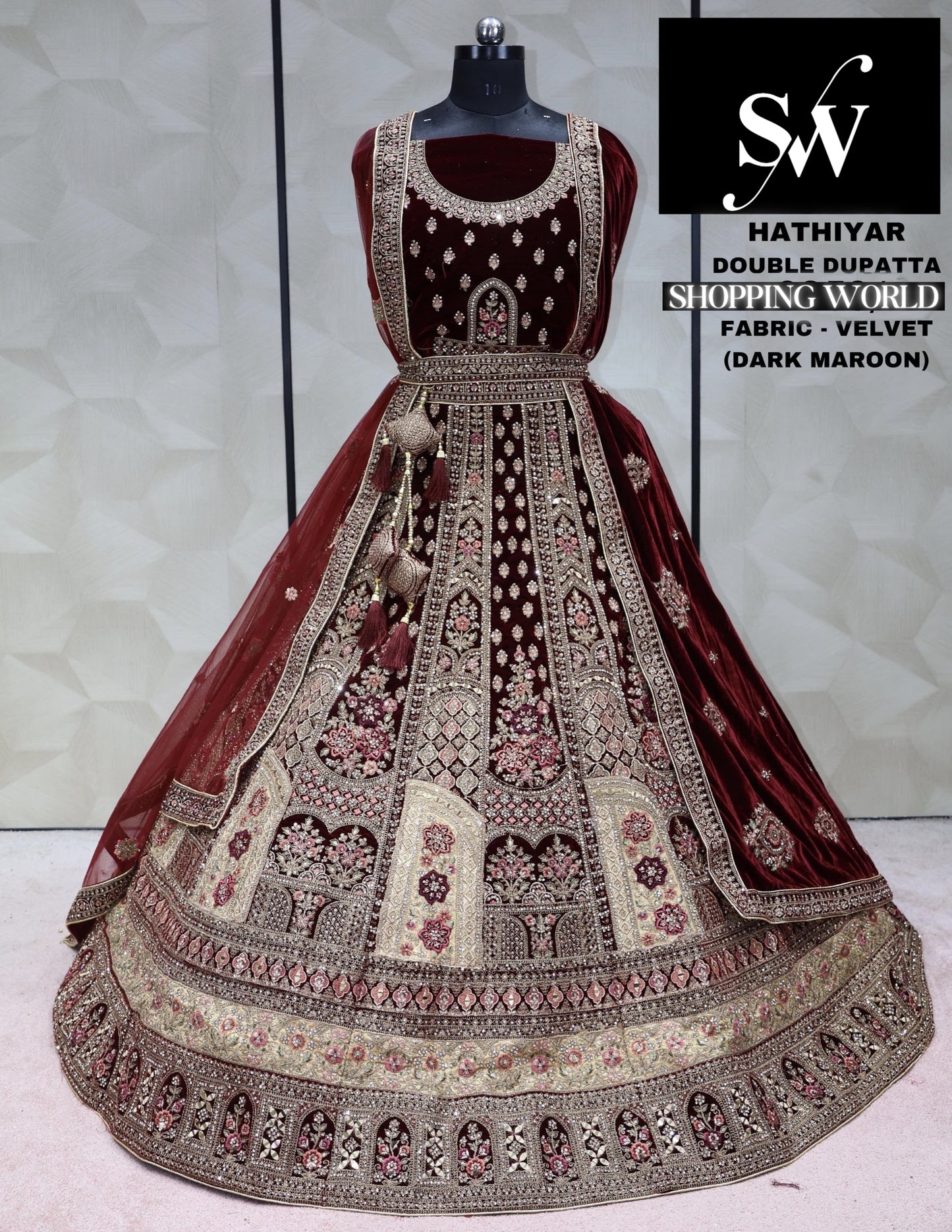 Dark Maroon Lehenga velvet fabric