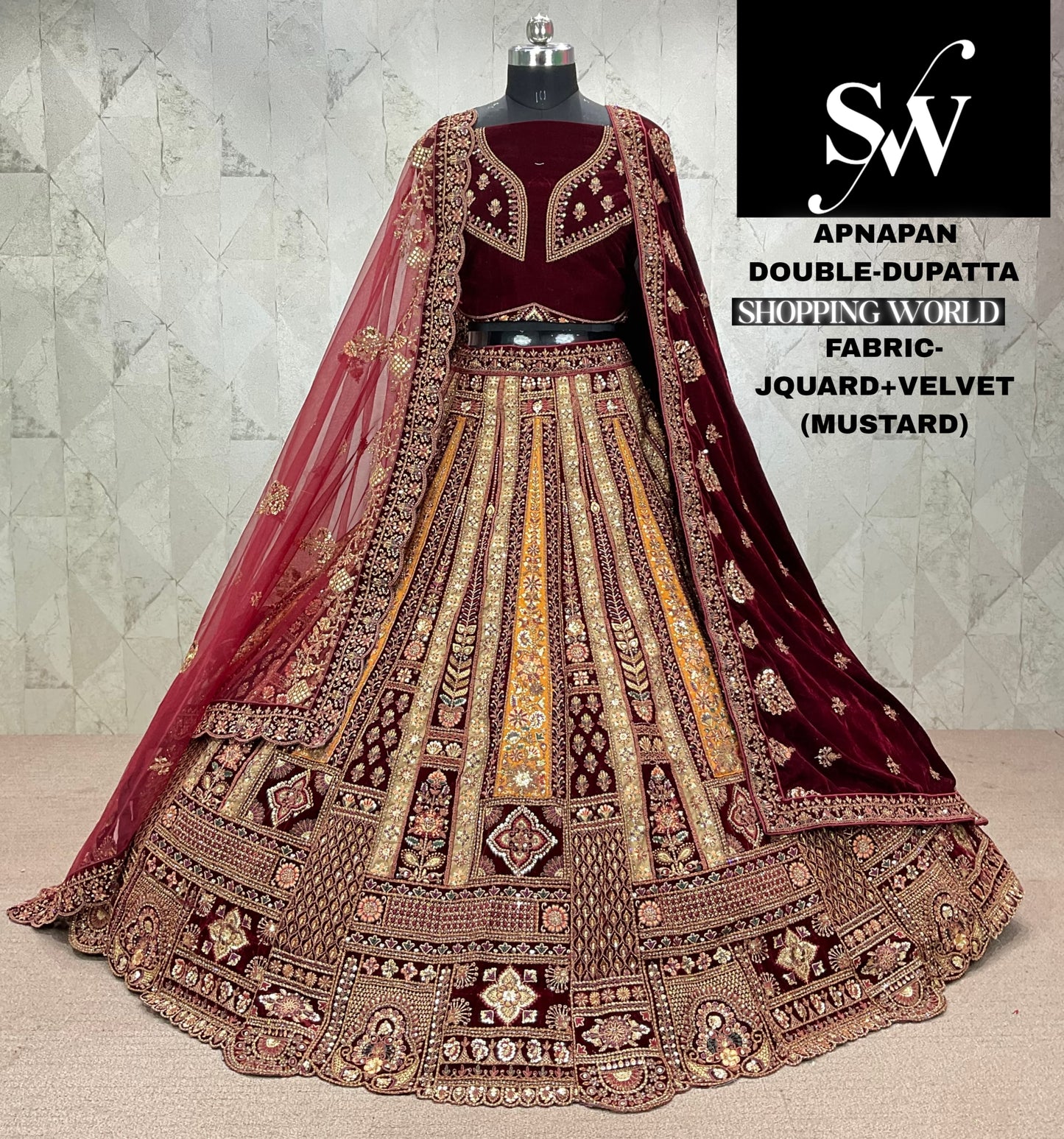 Maroon Mustard Lehenga velvet Jequard fabric
