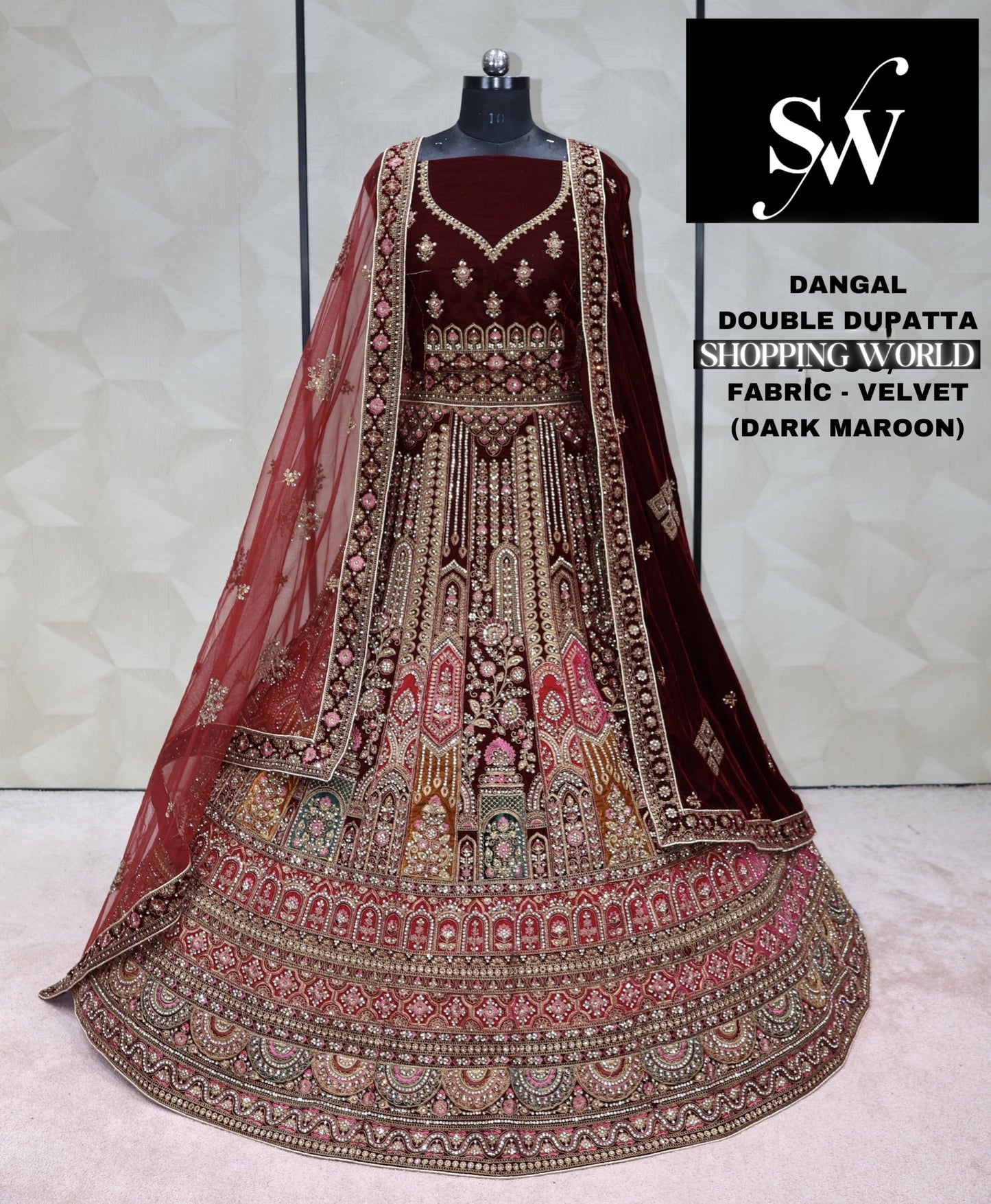 Dark Maroon Lehenga velvet fabric