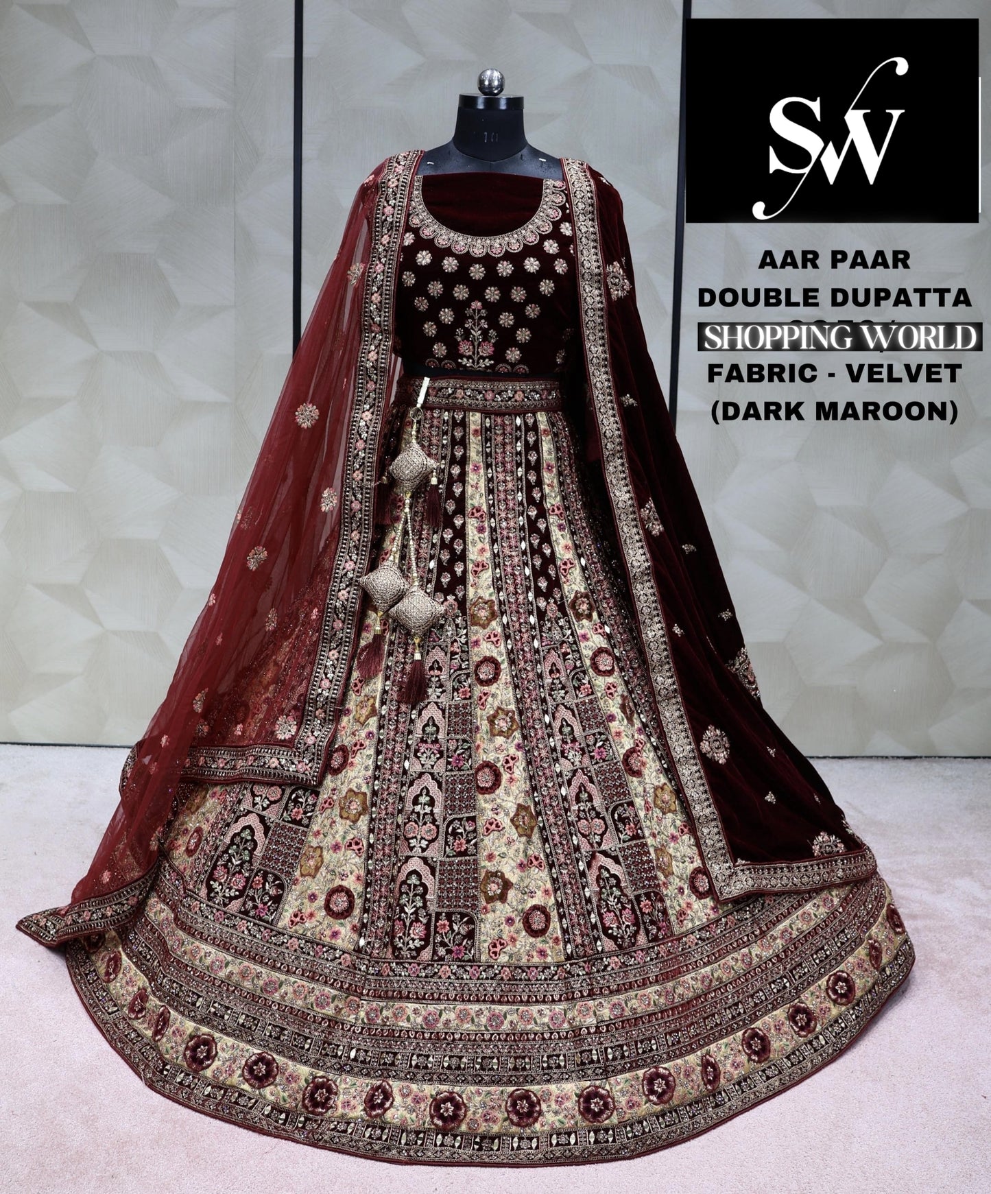 Dark Maroon Lehenga velvet fabric