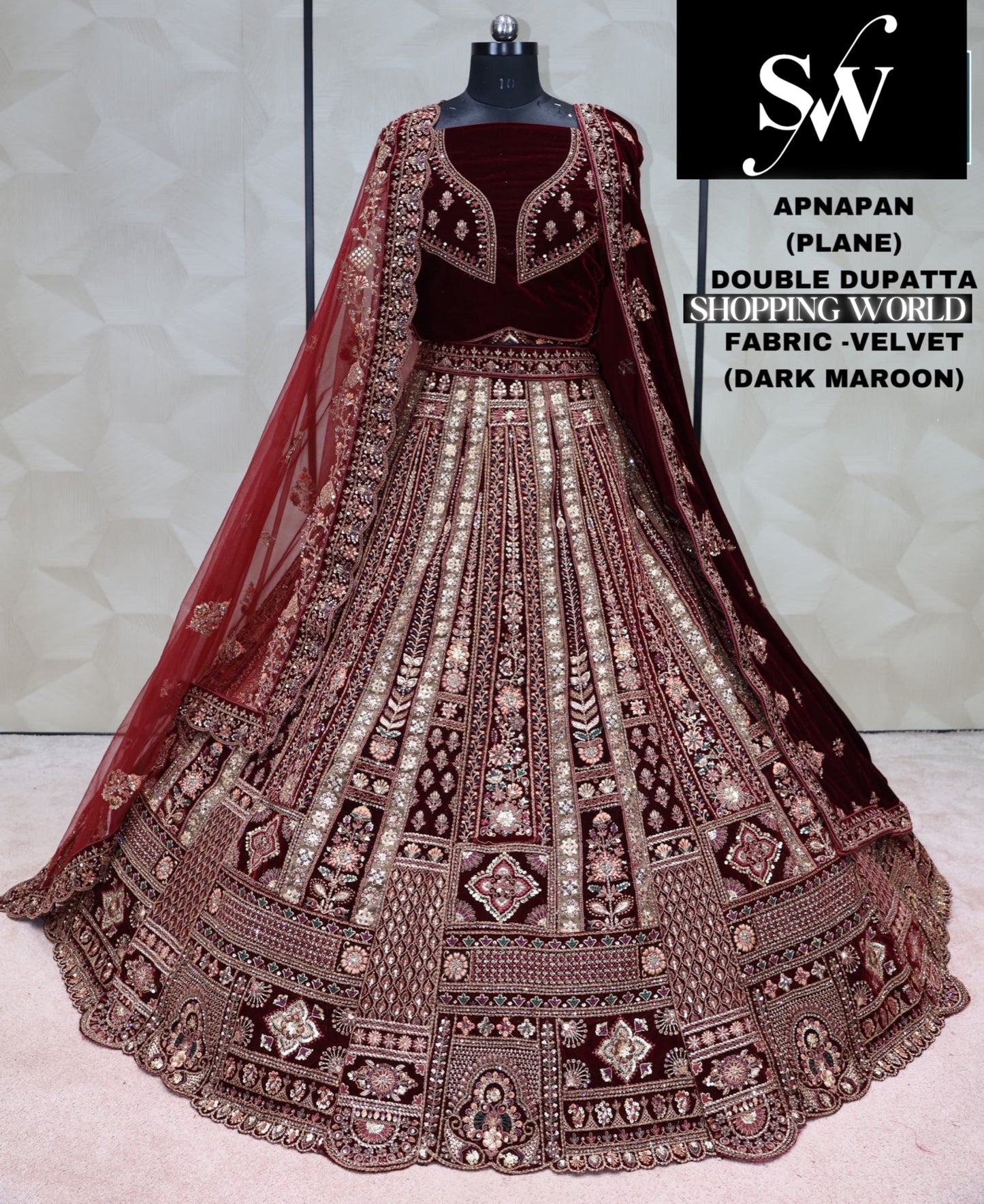 Dark maroon Lehenga velvet fabric