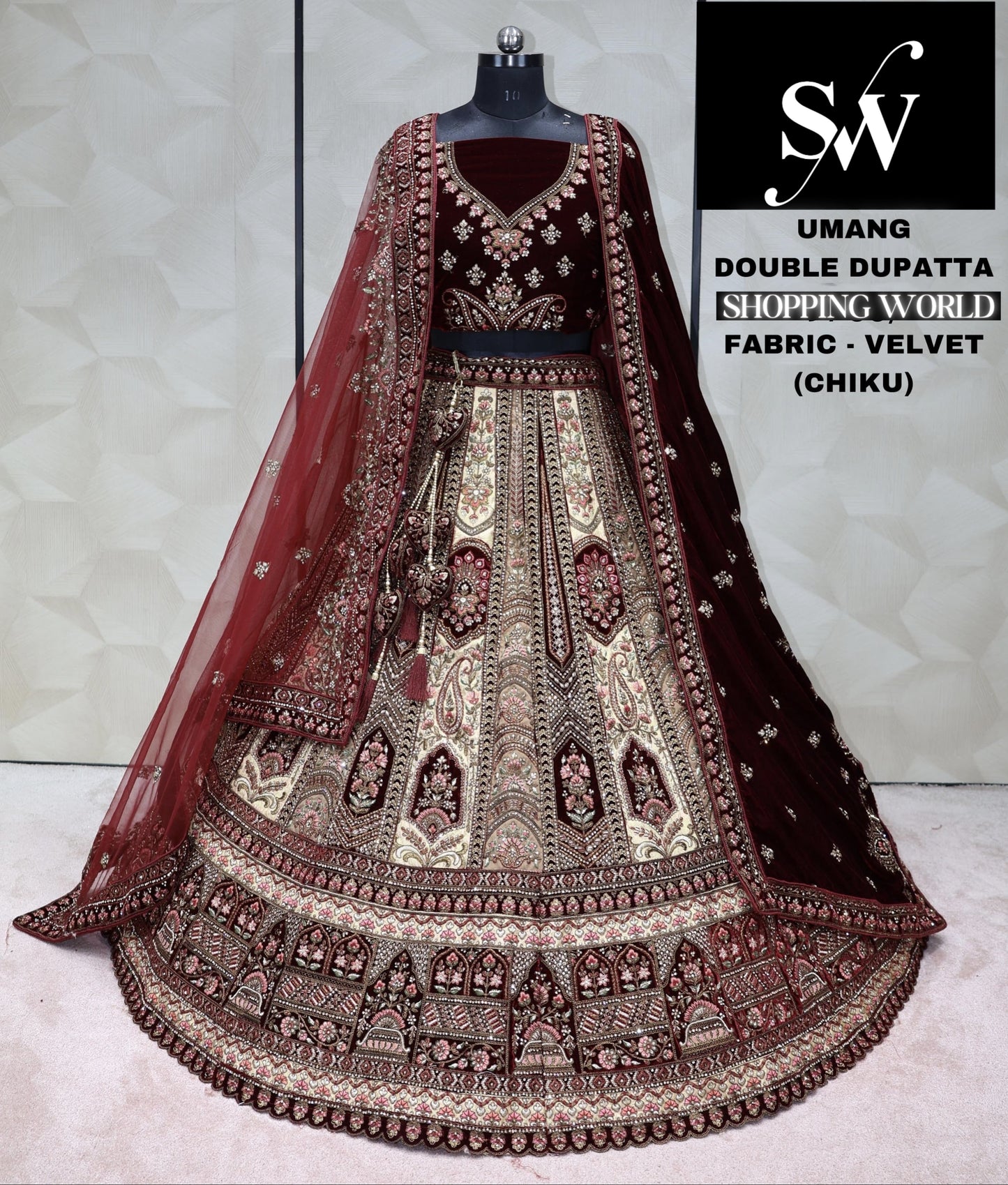 Tela de terciopelo jequard para lehenga Chiku color granate