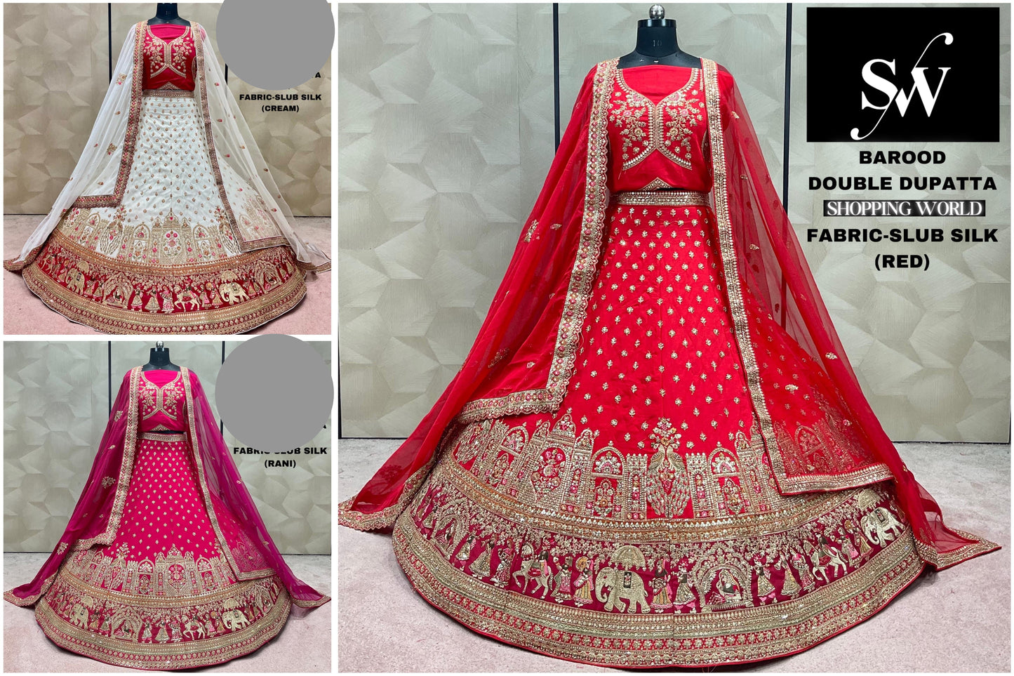 Lehenga slub silk doli barat red pink white fabric