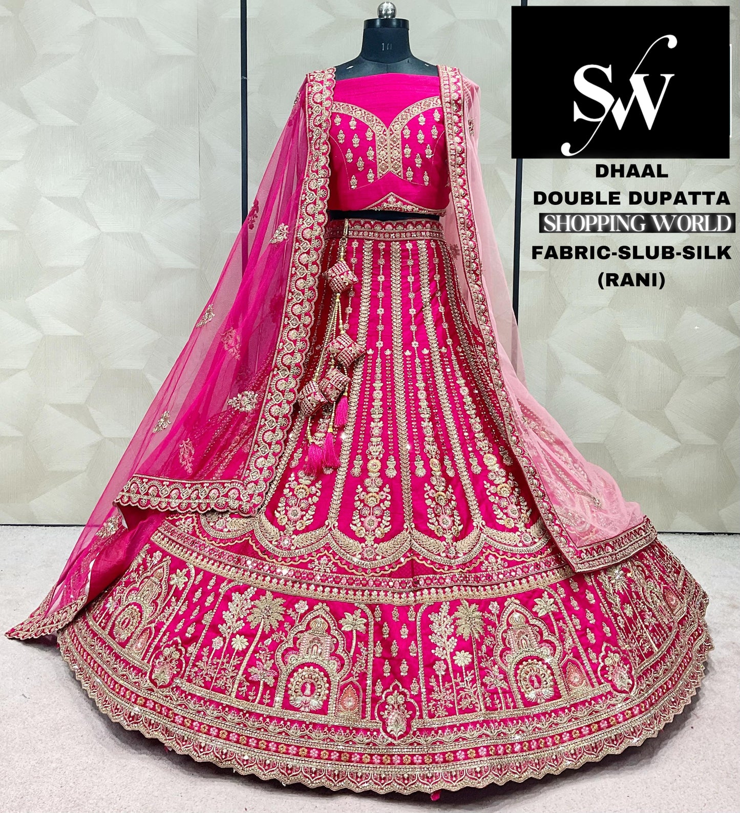 Tela de seda flameada Rani Pink Lehenga