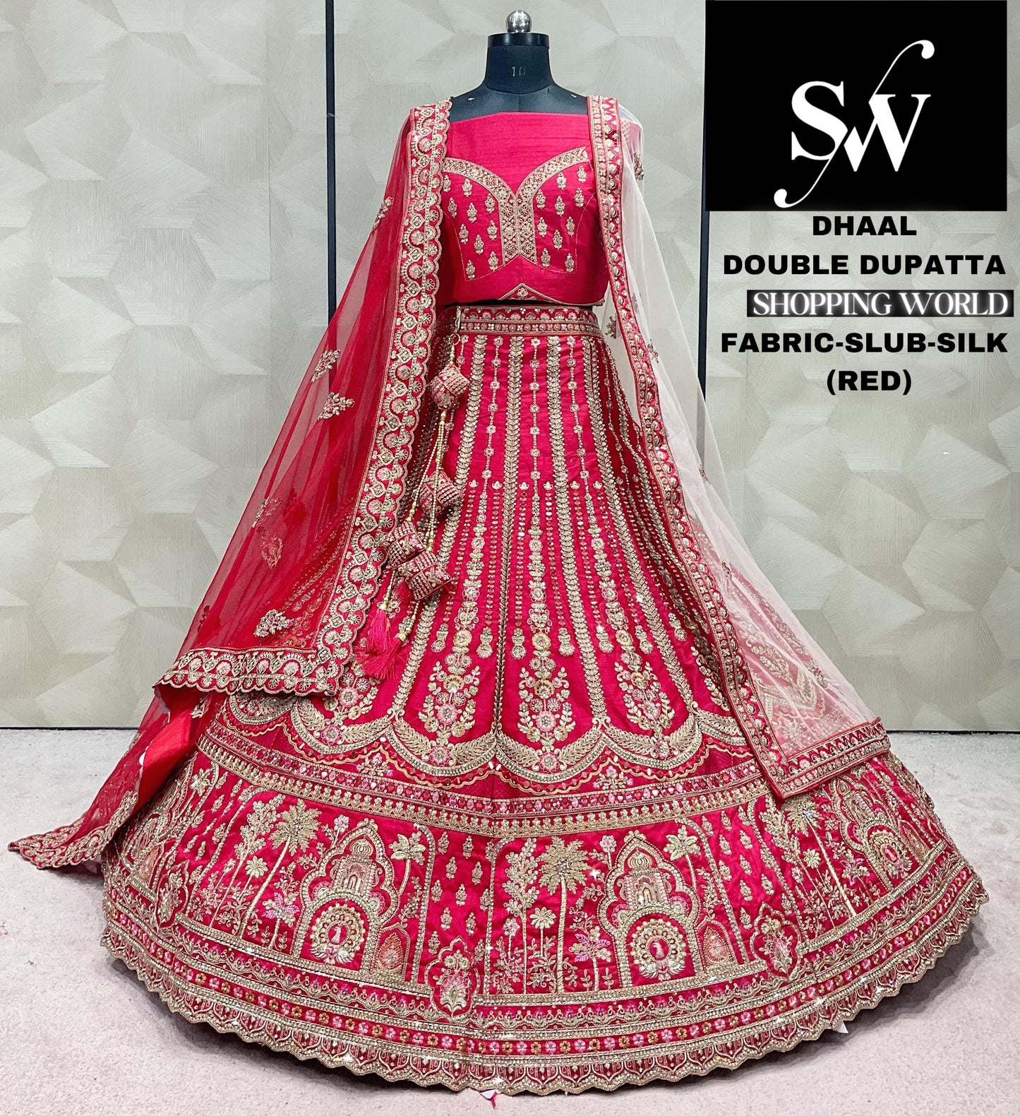 Red Lehenga slub silk fabric